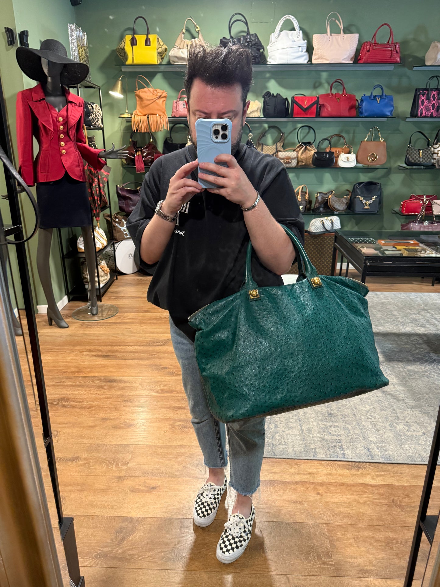 CHLOÉ GREEN OSTRICH LARGE HANDBAG