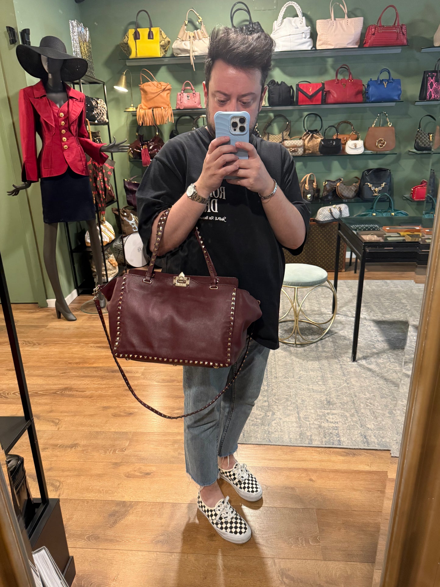 VALENTINO BURGUNDY LARGE ROCKSTUD SHOPPER TOTE
