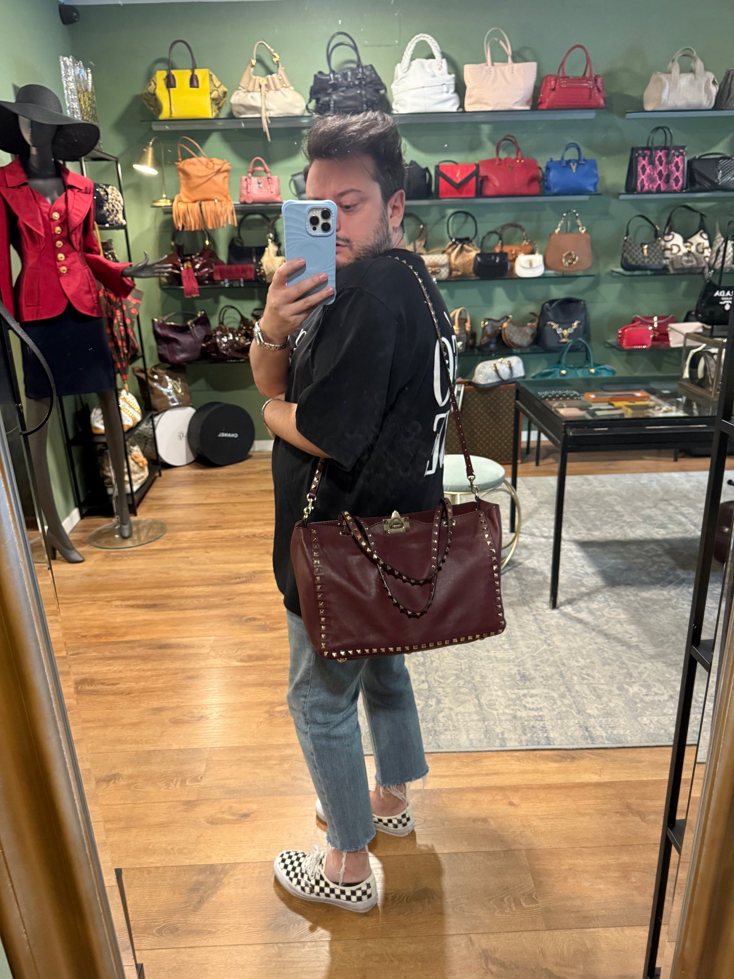 VALENTINO BURGUNDY LARGE ROCKSTUD SHOPPER TOTE