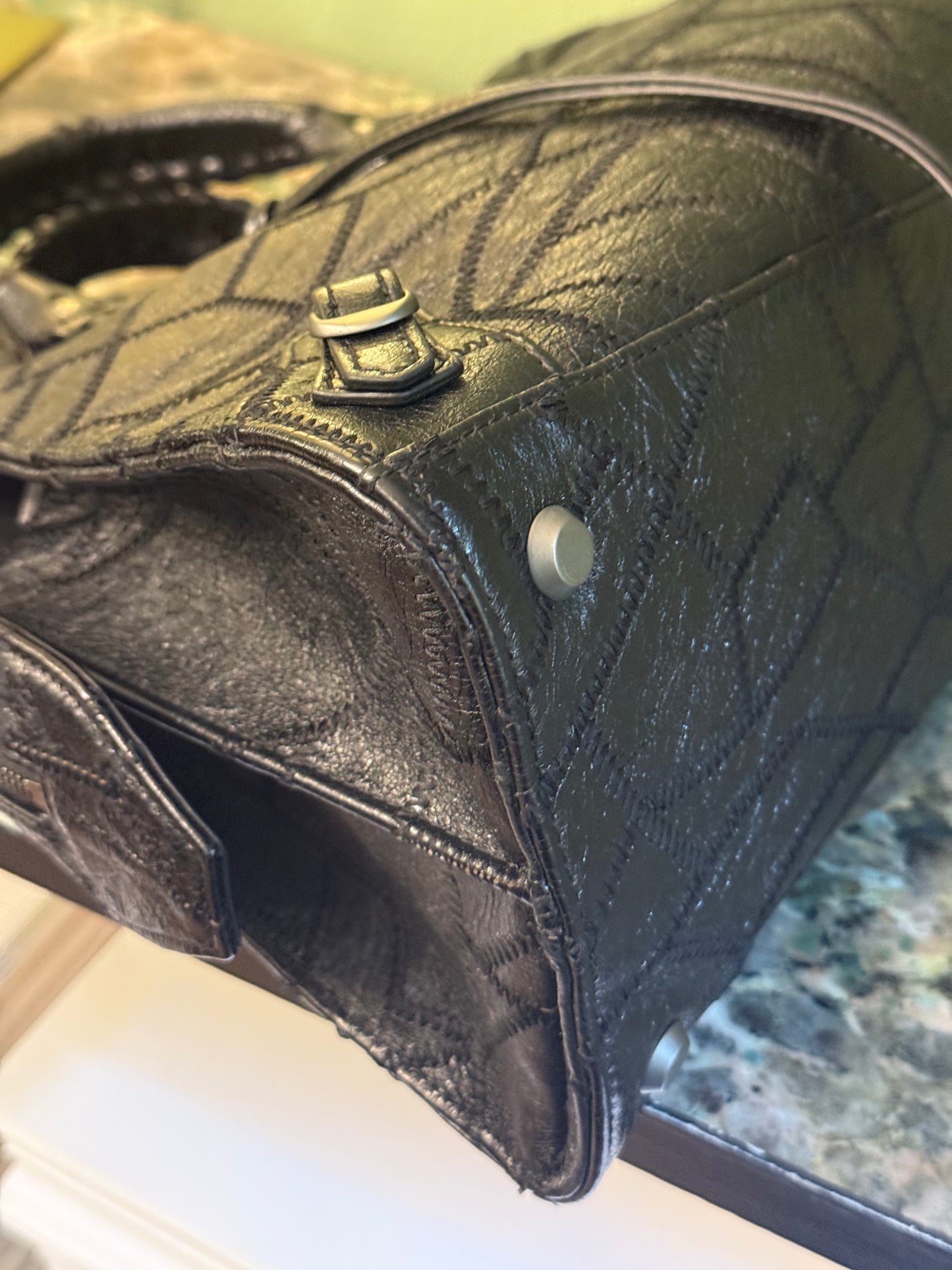 BALENCIAGA BLACK PATCHWORK MEDIUM NEO CITY HANDBAG