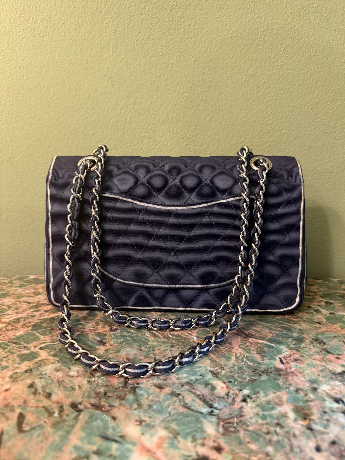 CHANEL NAVY GROS GRAIN MEDIUM CLASSIC DOUBLE FLAP TIMELESS SHOULDER BAG