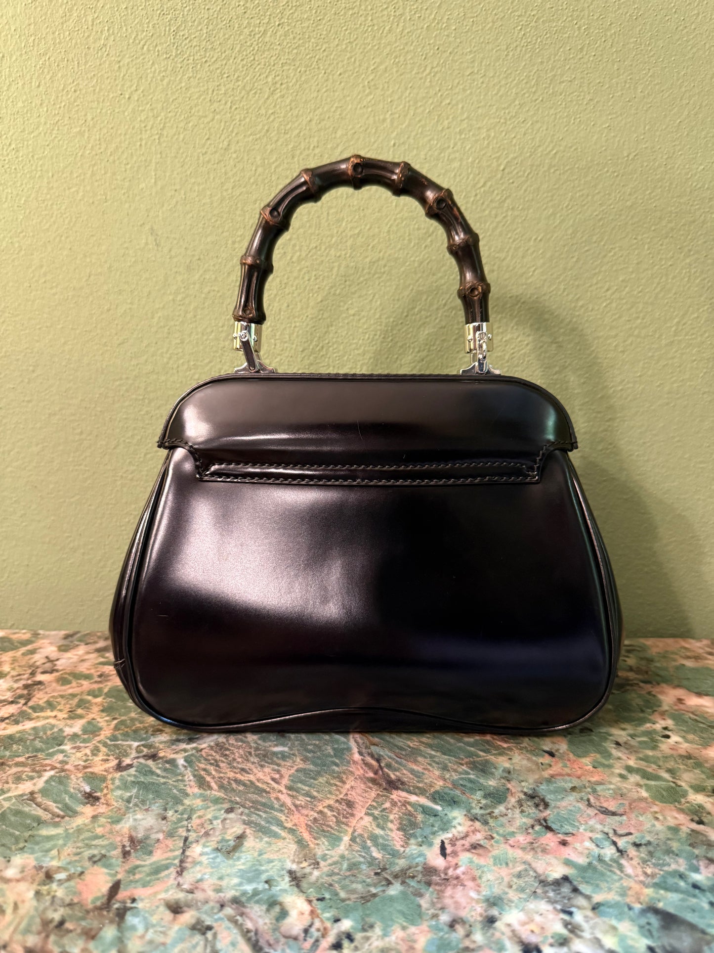 GUCCI BLACK SPAZZOLATO MINI BAMBOO LADY LOCK TOP HANDLE BAG