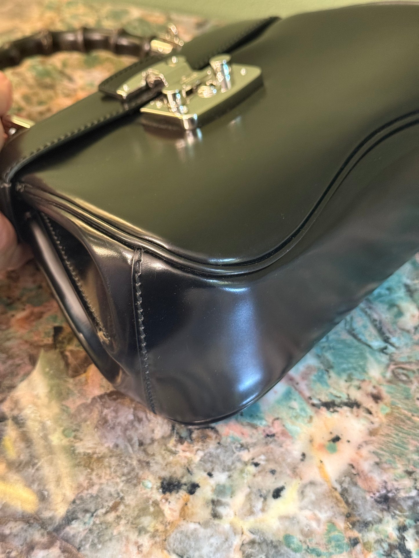 GUCCI BLACK SPAZZOLATO MINI BAMBOO LADY LOCK TOP HANDLE BAG