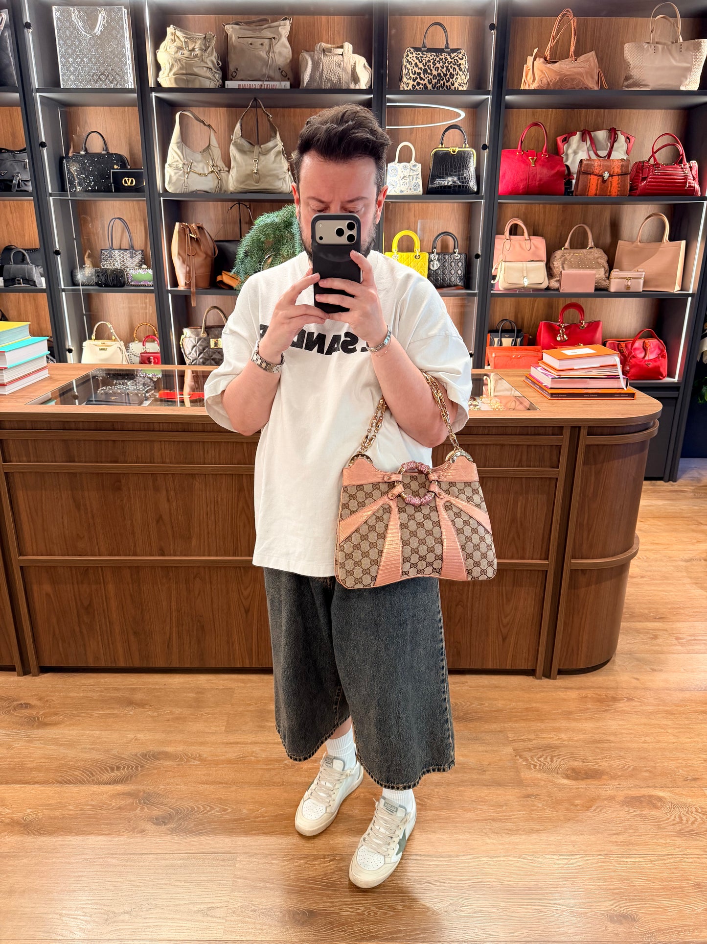 GUCCI BY TOM FORD GG CANVAS AND LIZARD TRIM CRYSTAL BAMBOO SHOULDER BAG