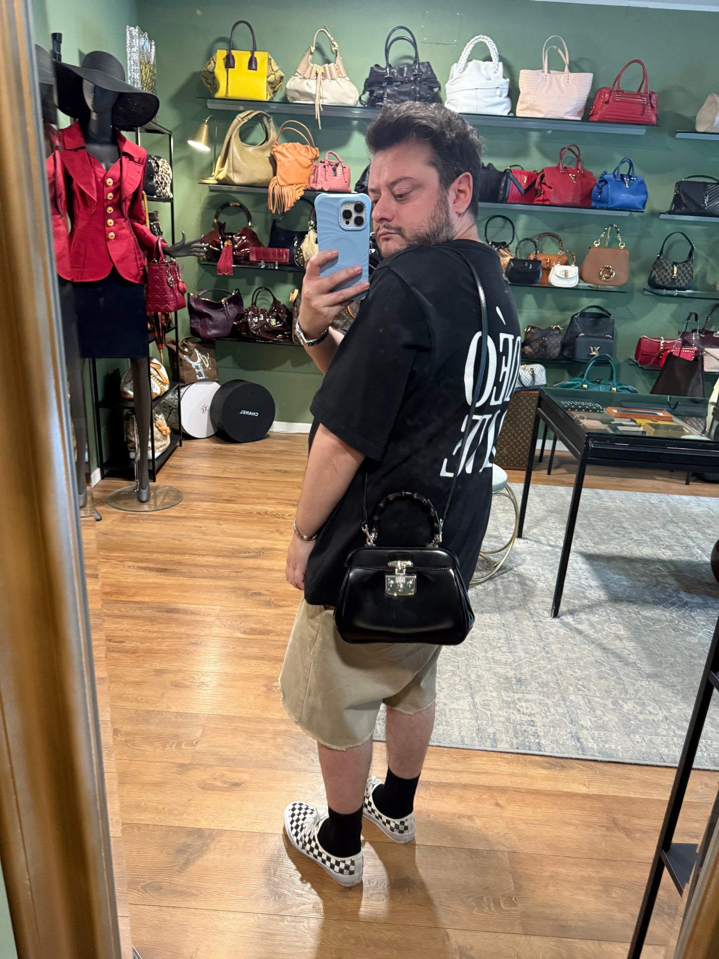 GUCCI BLACK SPAZZOLATO MINI BAMBOO LADY LOCK TOP HANDLE BAG