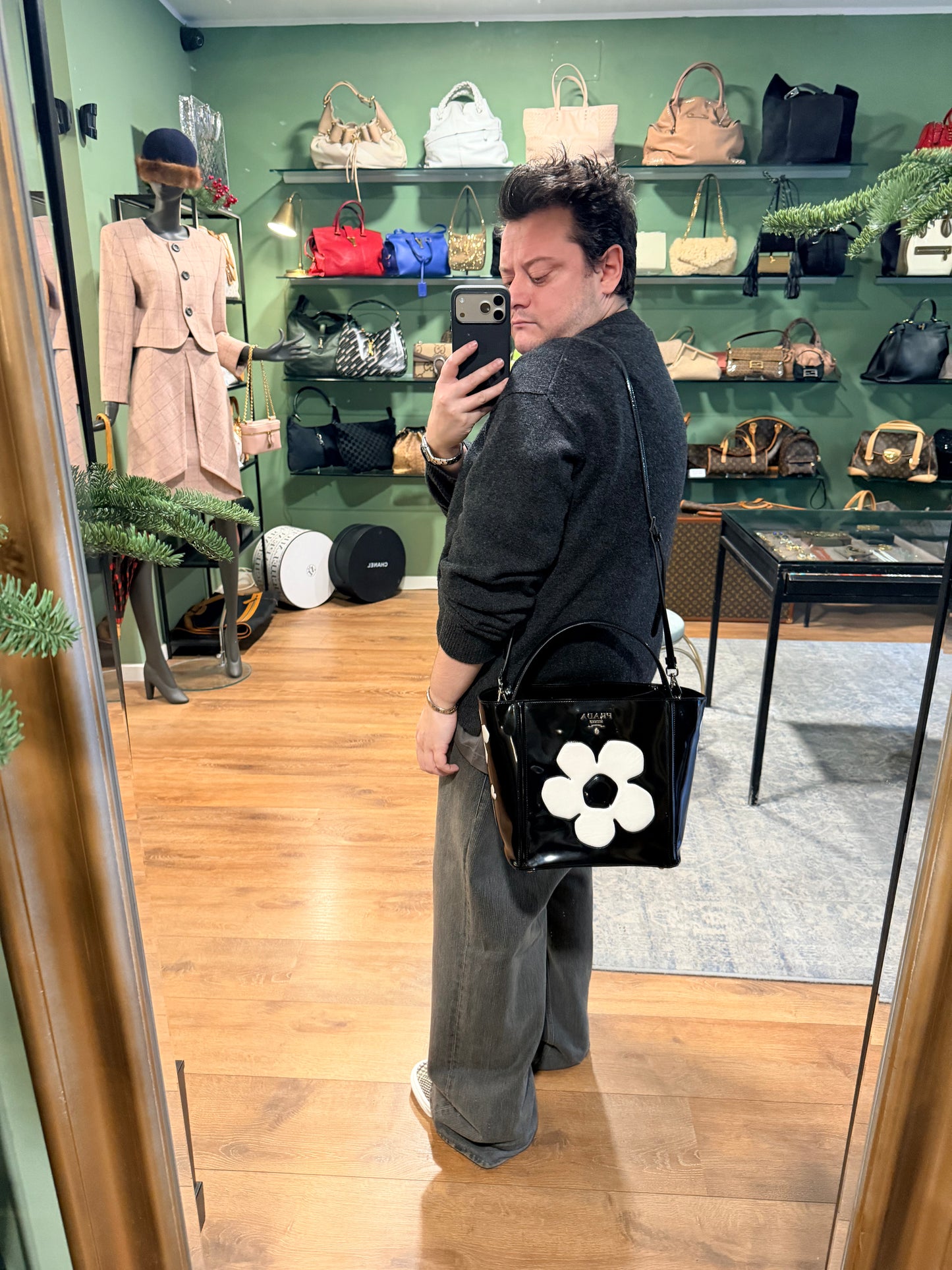 PRADA BLACK SPAZZOLATO FLOWER BUCKET HANDBAG