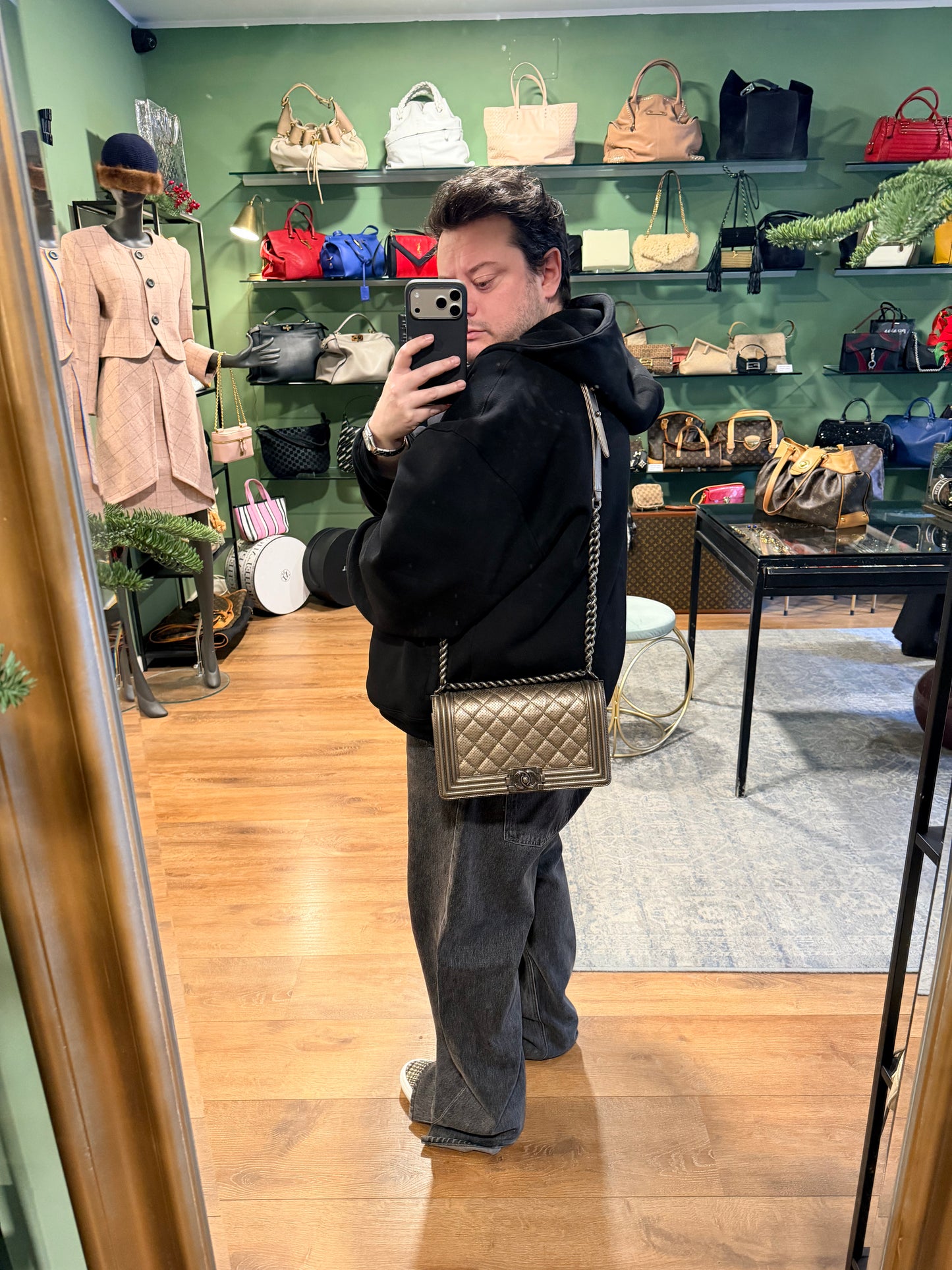 CHANEL CHAMPAGNE PERFORATED MEDIUM BOY CROSSBODY BAG