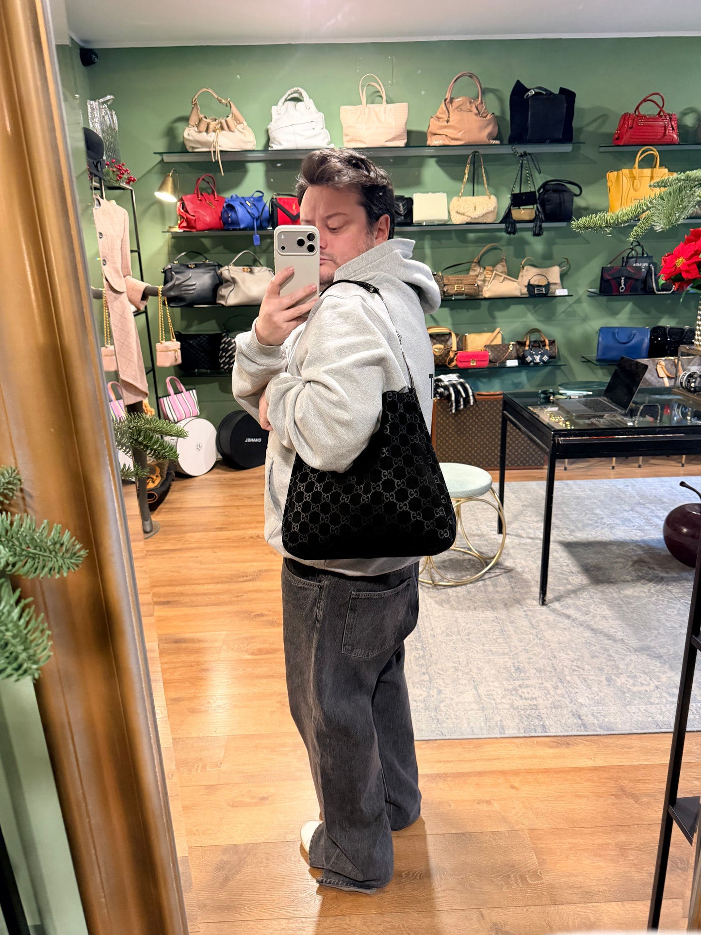 GUCCI BY TOM FORD BLACK GG SUEDE MEDIUM HOBO BAG