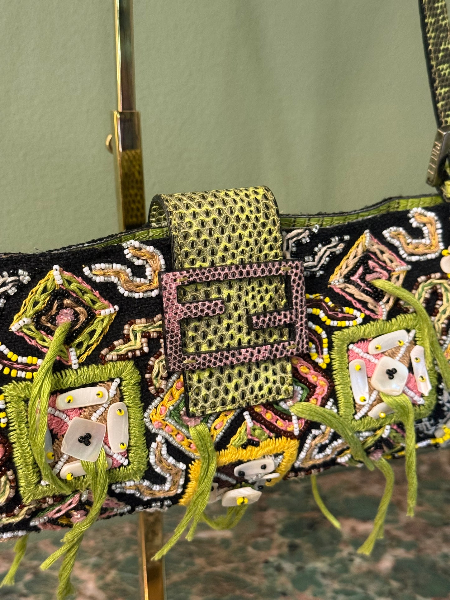 FENDI LIZARD EMBROIDERED FRINGED CUT OUT BAGUETTE SHOULDER BAG