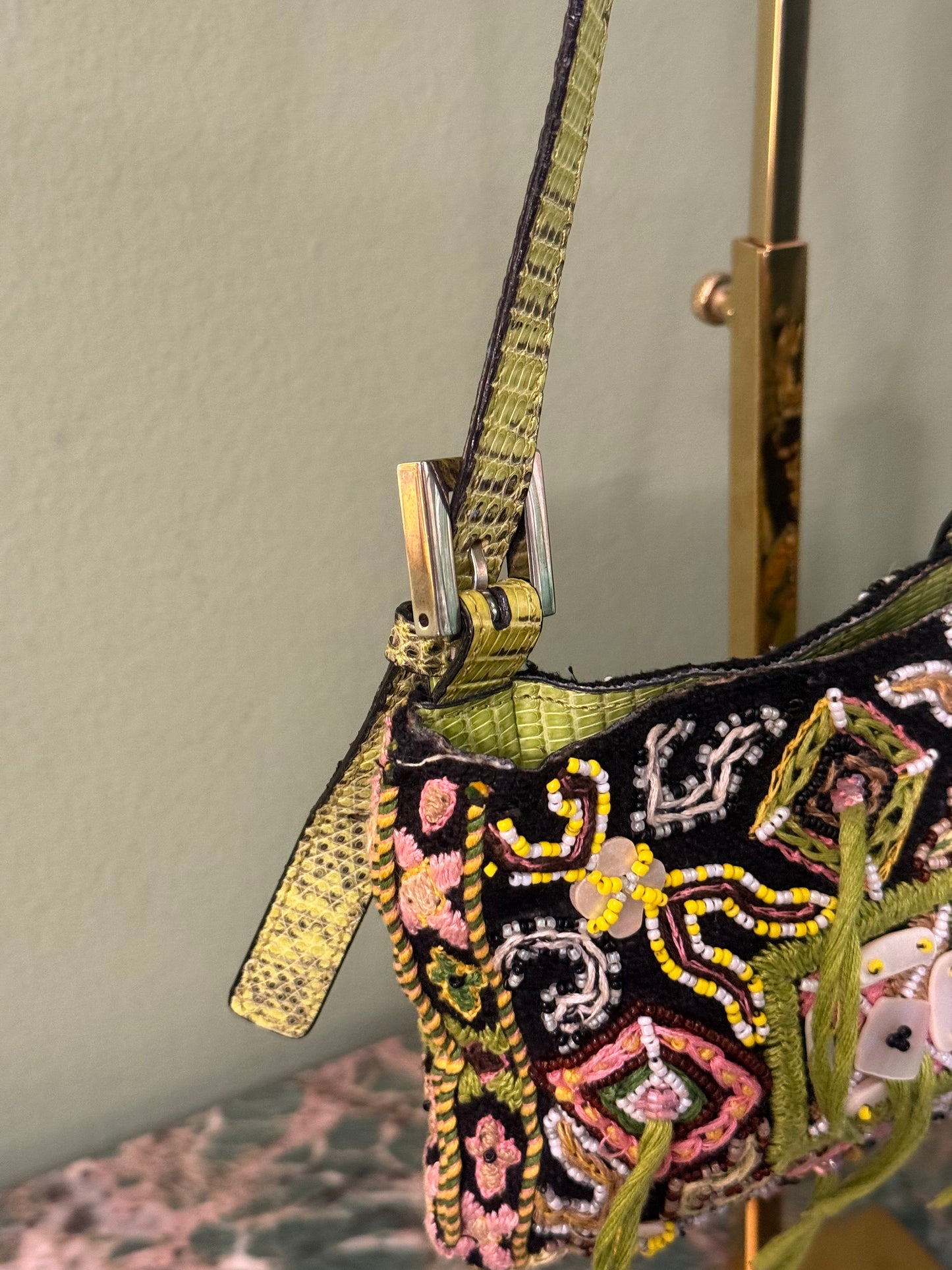 FENDI LIZARD EMBROIDERED FRINGED CUT OUT BAGUETTE SHOULDER BAG