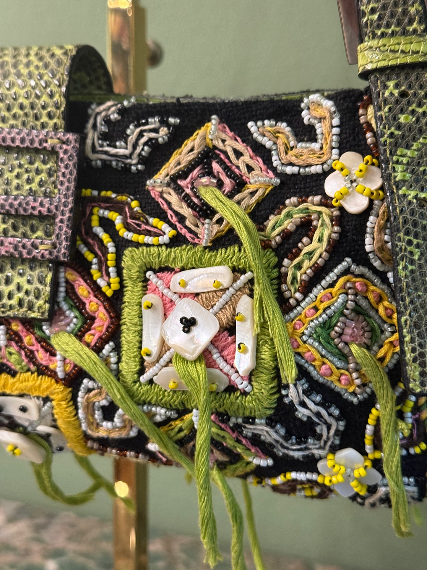 FENDI LIZARD EMBROIDERED FRINGED CUT OUT BAGUETTE SHOULDER BAG