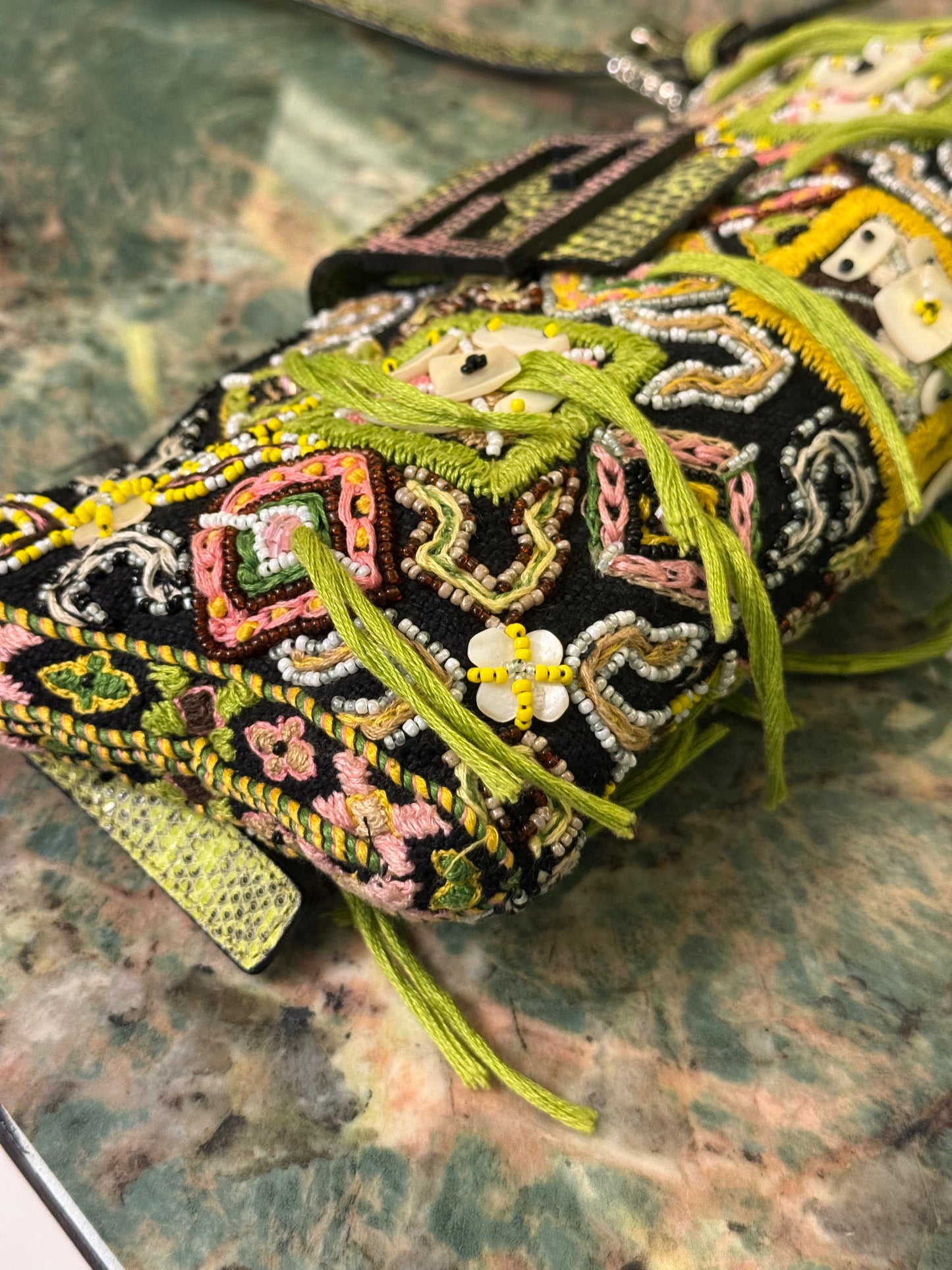 FENDI LIZARD EMBROIDERED FRINGED CUT OUT BAGUETTE SHOULDER BAG