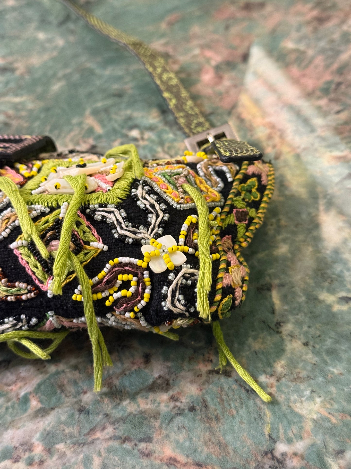 FENDI LIZARD EMBROIDERED FRINGED CUT OUT BAGUETTE SHOULDER BAG
