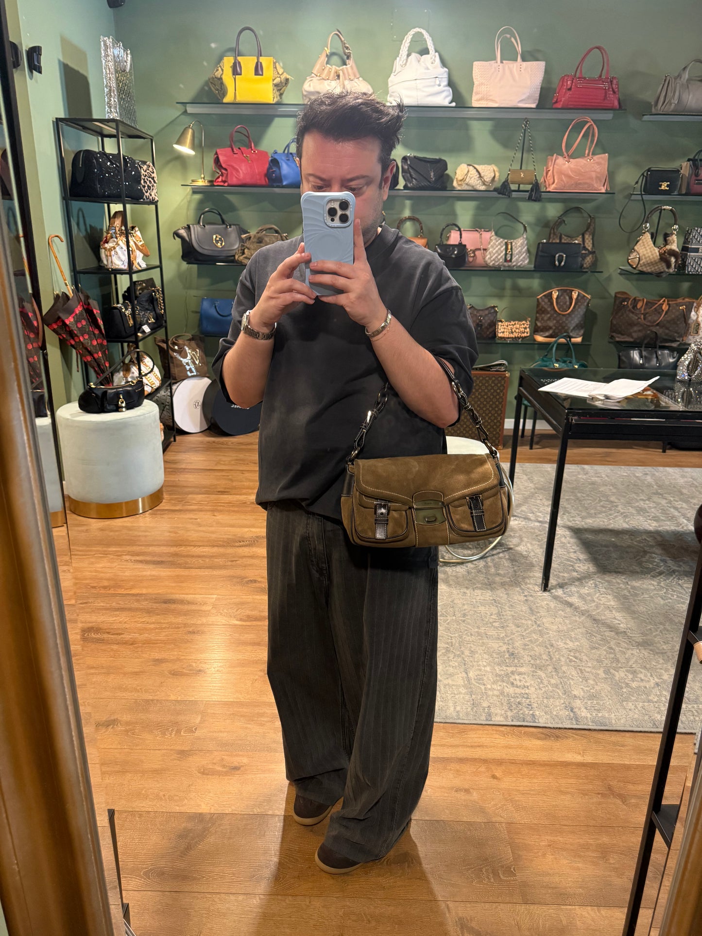 PRADA BROWN SUEDE FLAP SHOULDER BAG