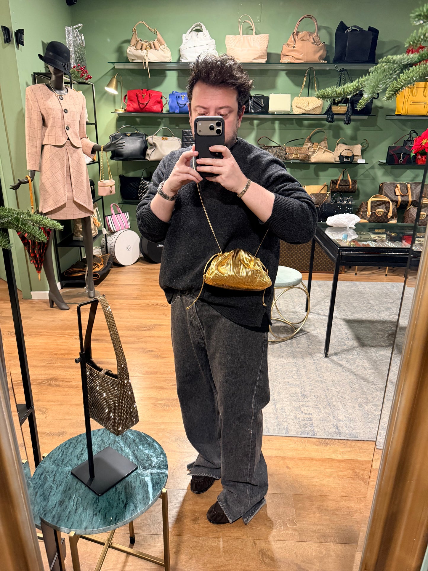 BOTTEGA VENETA GOLD MINI POUCH CROSSBODY BAG