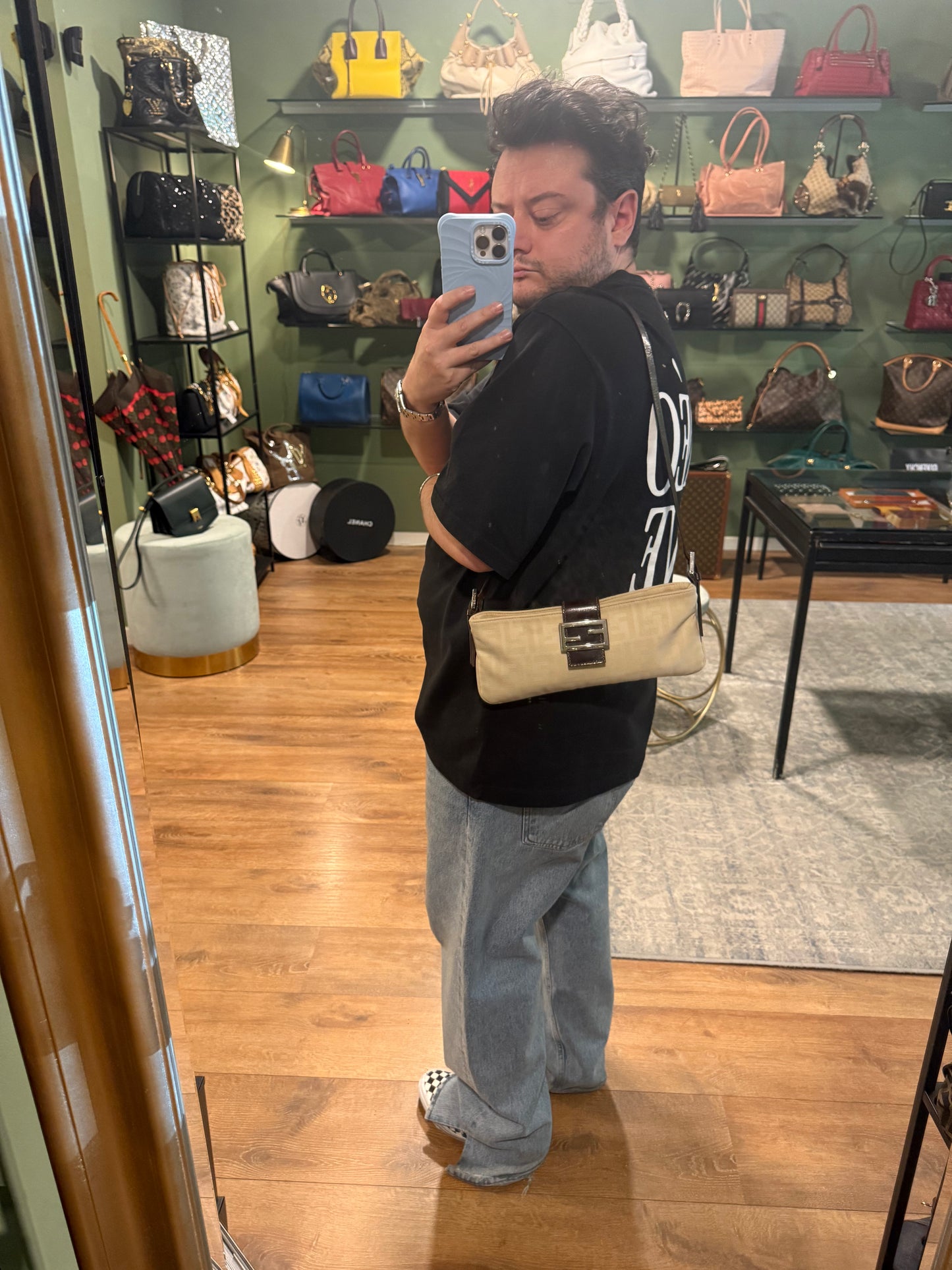 FENDI CREAM ZUCCA BAGUETTE CROSSBODY BAG