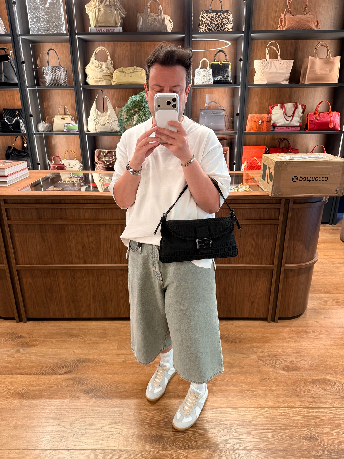 FENDI BLACK ZUCCHINO DOUBLE FLAP SHOULDER BAG