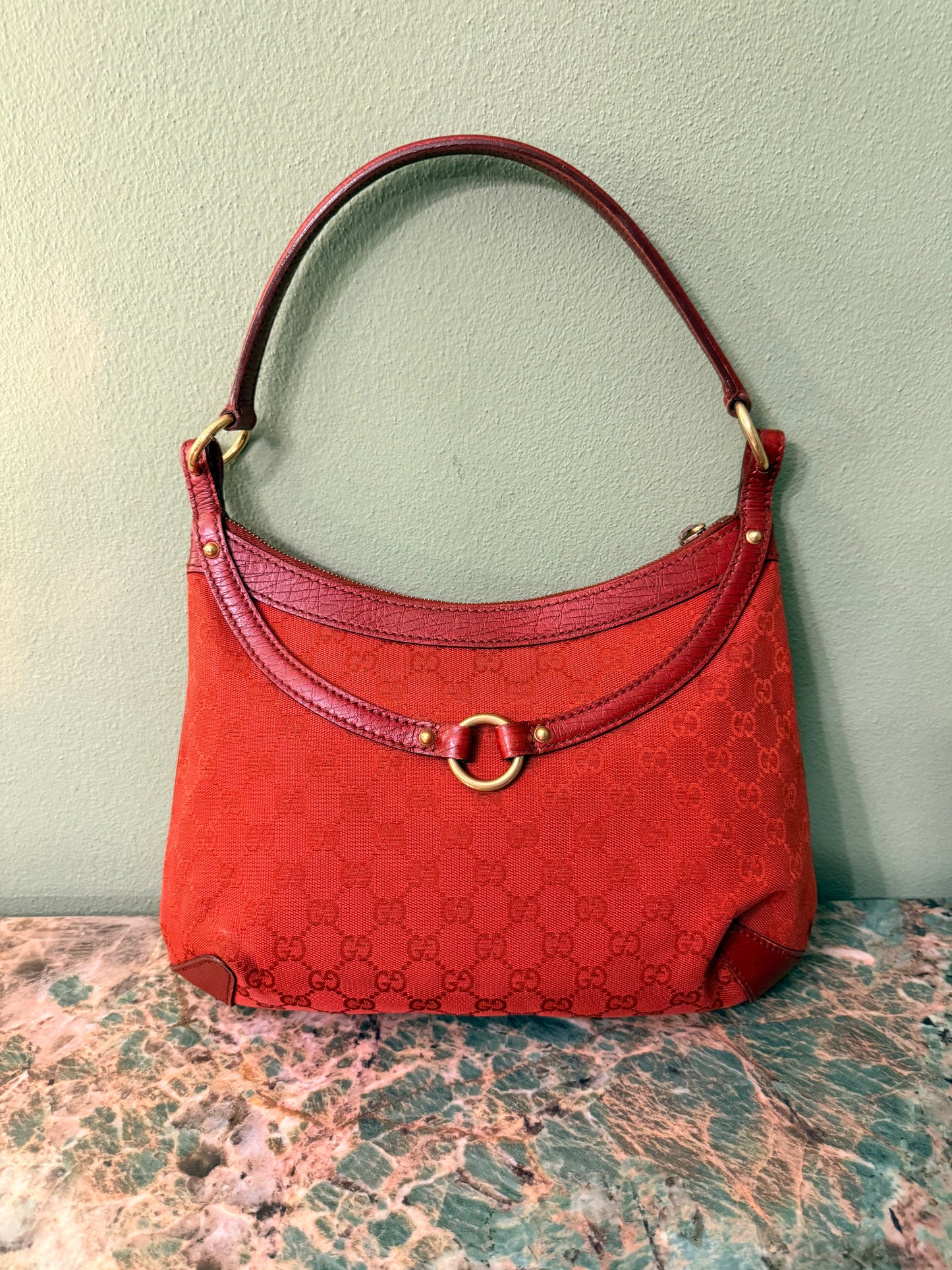 GUCCI RED MONOGRAM HORSEBIT HOBO BAG