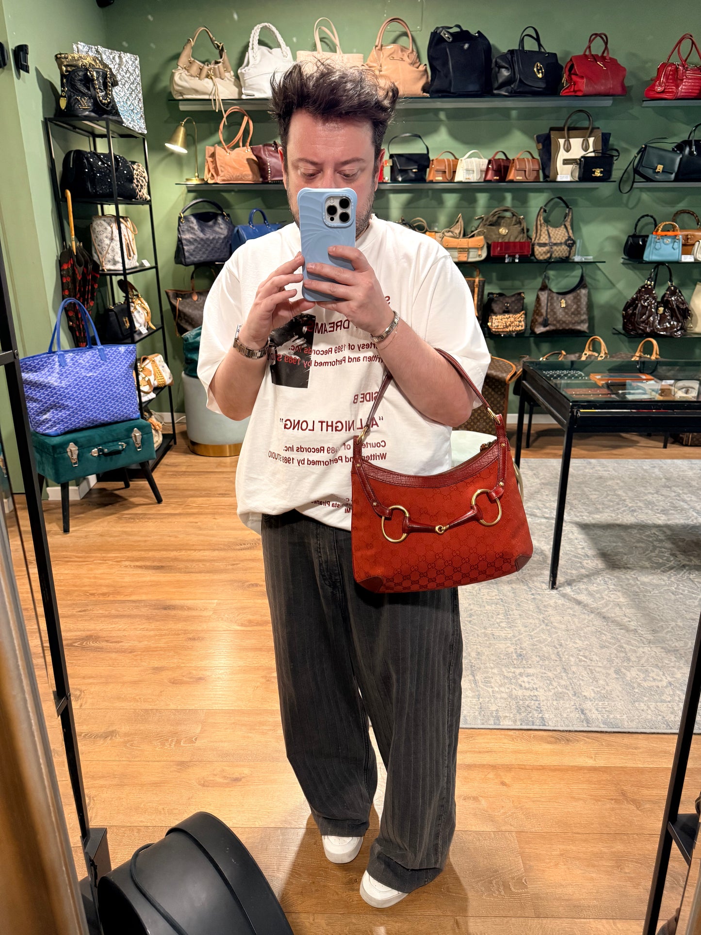 GUCCI RED MONOGRAM HORSEBIT HOBO BAG