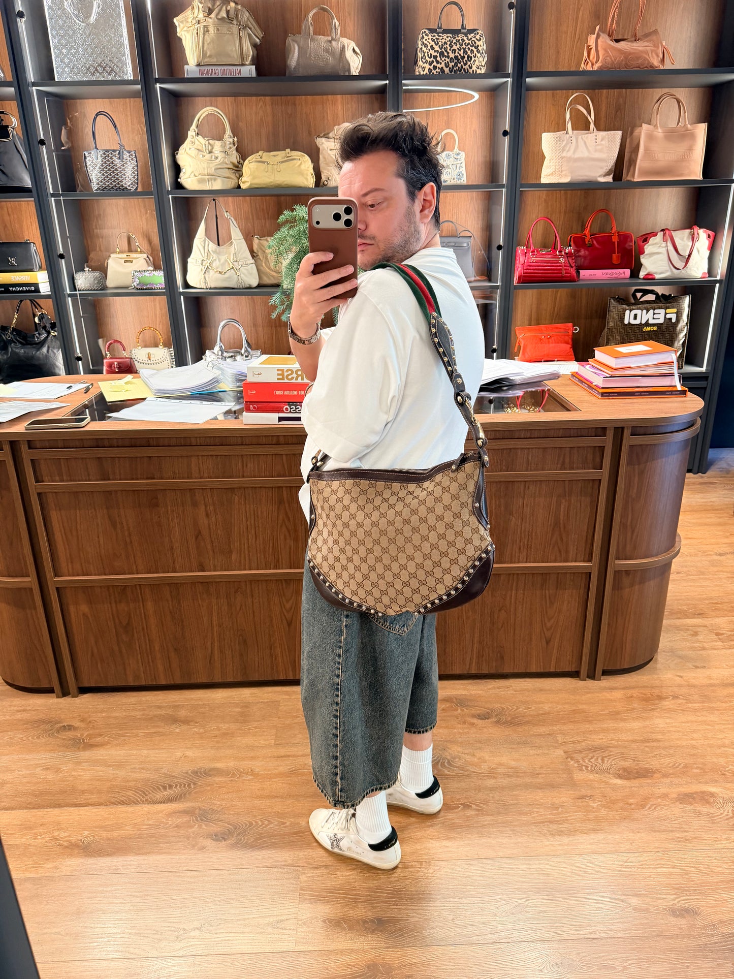 GUCCI BROWN GG CANVAS MEDIUM PELHAM SHOULDER BAG