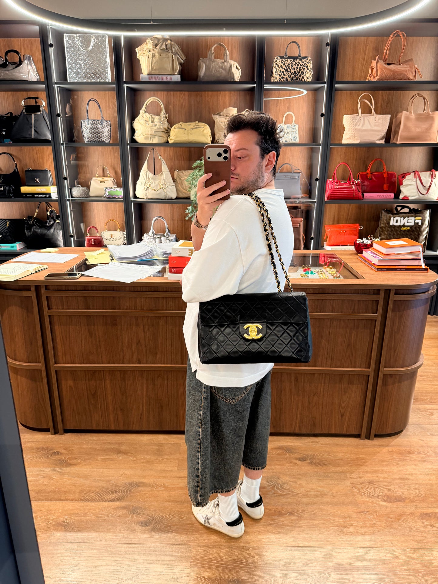 CHANEL BLACK MAXI JUMBO BIG LOGO CLASSIC SINGLE FLAP SHOULDER BAG