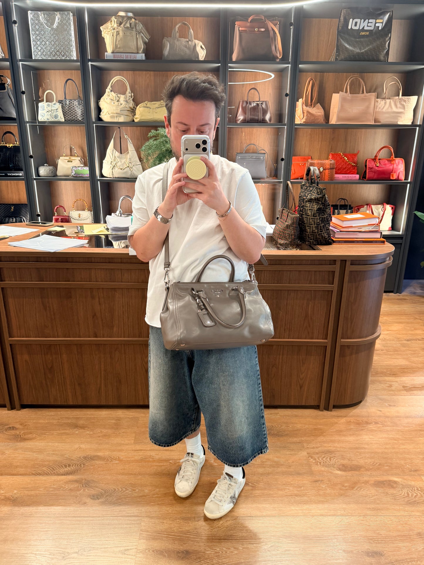 PRADA GRAY SOFT CALF TWO WAY HANDBAG