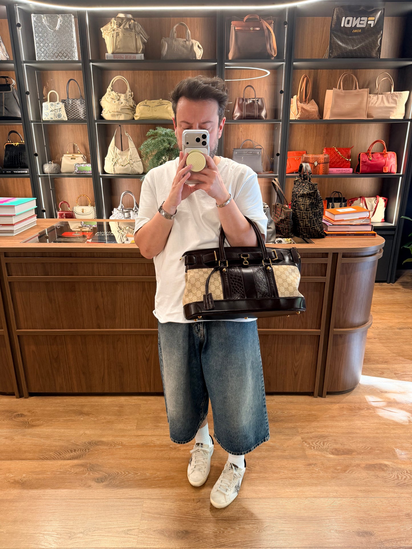 GUCCI GG CANVAS AND CROC EMBOSSED SECRET HANDBAG