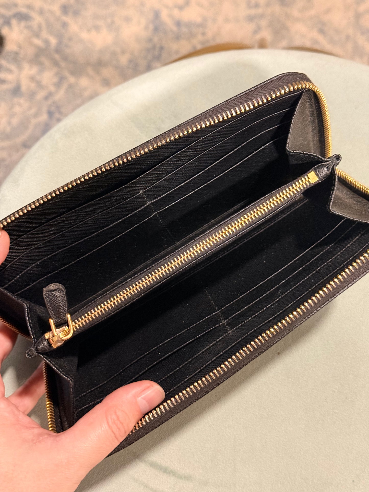 PRADA BLACK SAFFIANO LARGE ZIP AROUND WALLET