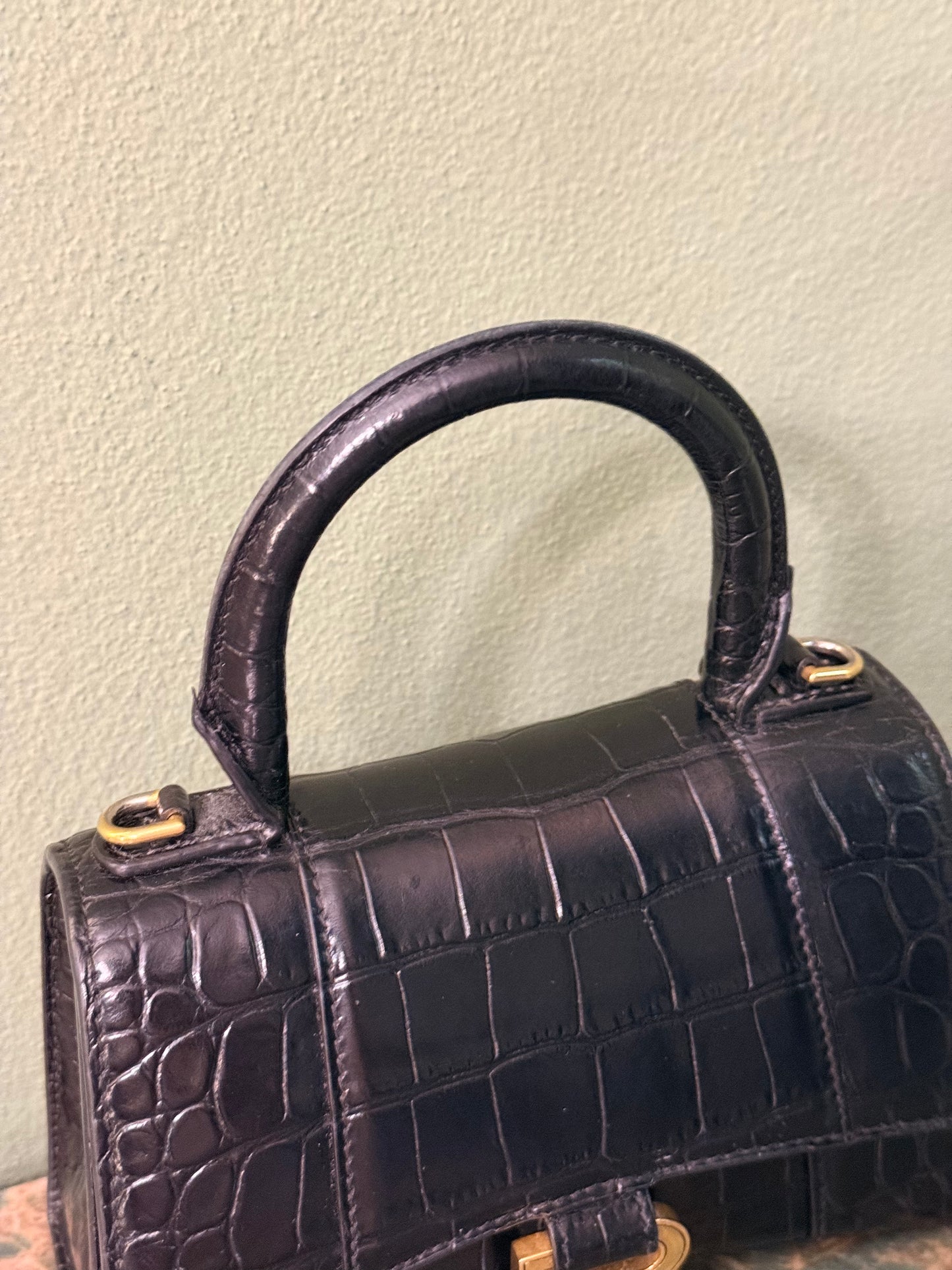 BALENCIAGA BLACK EMBOSSED CROCODILE HOURGLASS XS