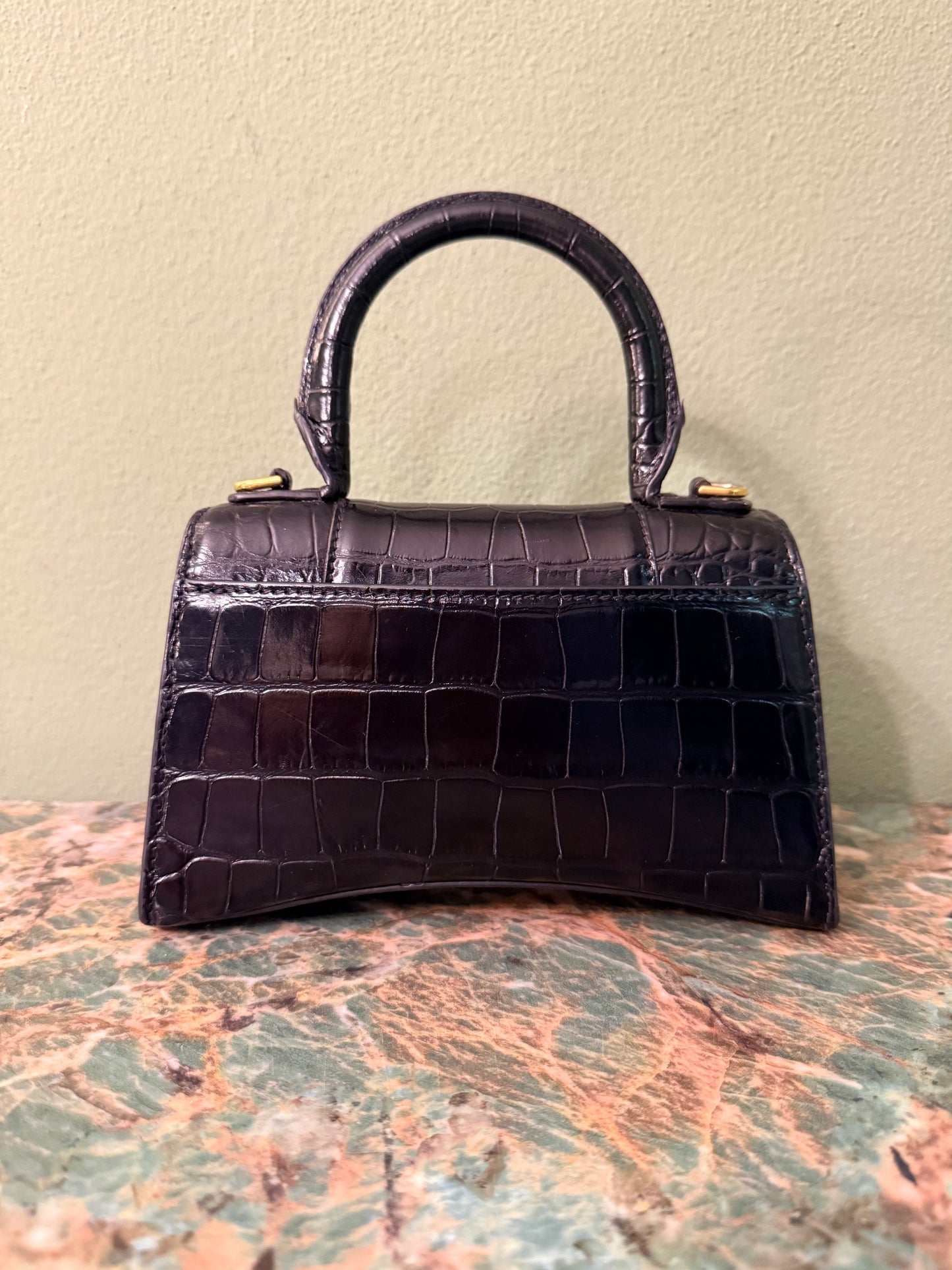 BALENCIAGA BLACK EMBOSSED CROCODILE HOURGLASS XS