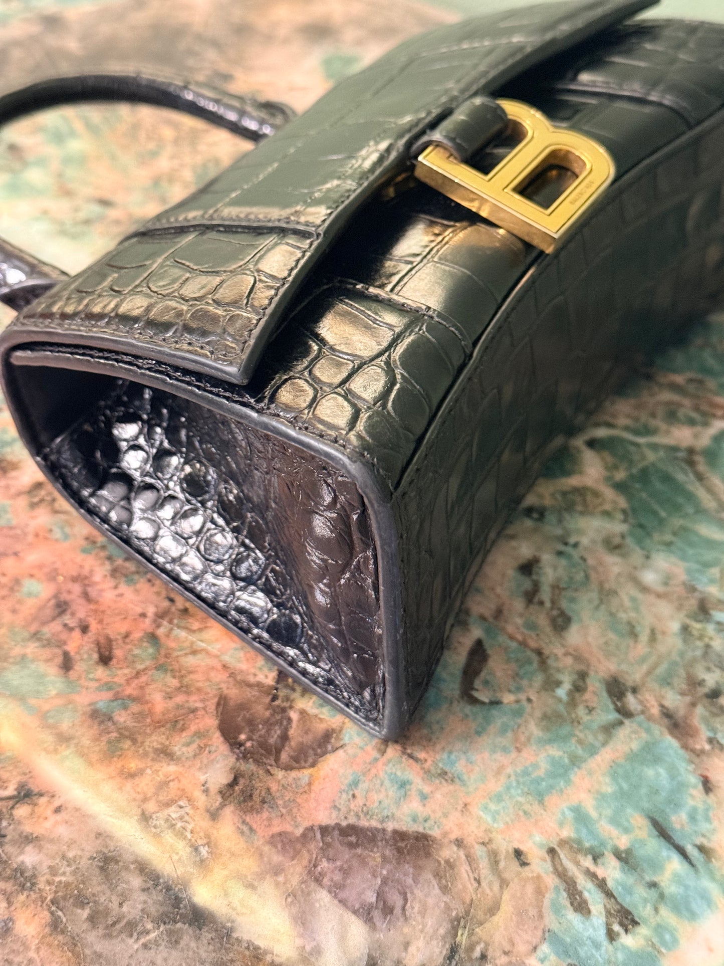 BALENCIAGA BLACK EMBOSSED CROCODILE HOURGLASS XS