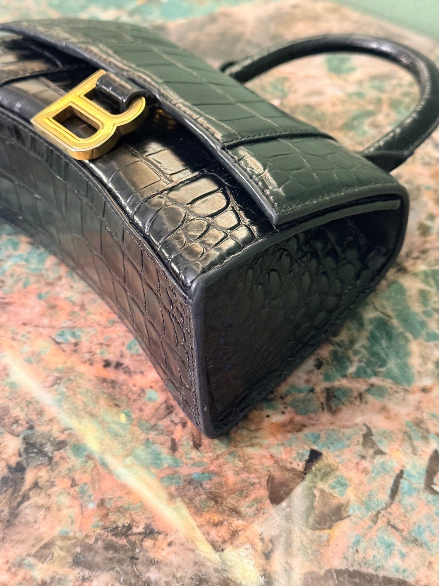BALENCIAGA BLACK EMBOSSED CROCODILE HOURGLASS XS