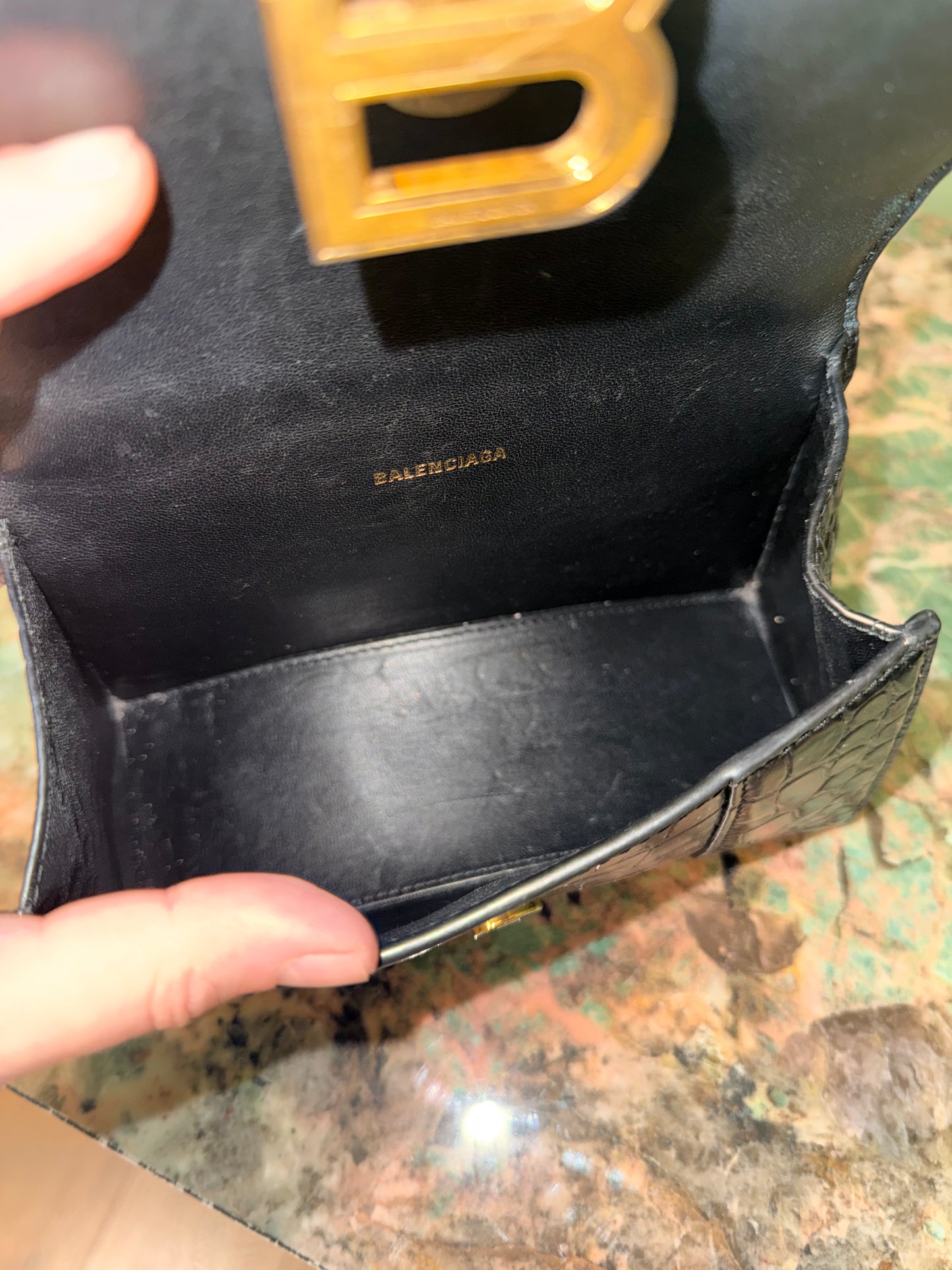 BALENCIAGA BLACK EMBOSSED CROCODILE HOURGLASS XS