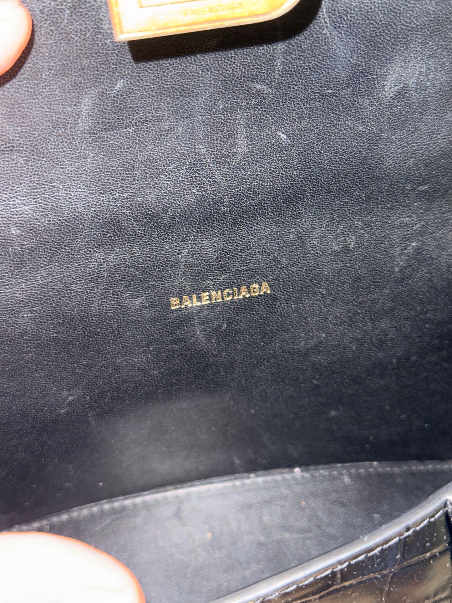 BALENCIAGA BLACK EMBOSSED CROCODILE HOURGLASS XS