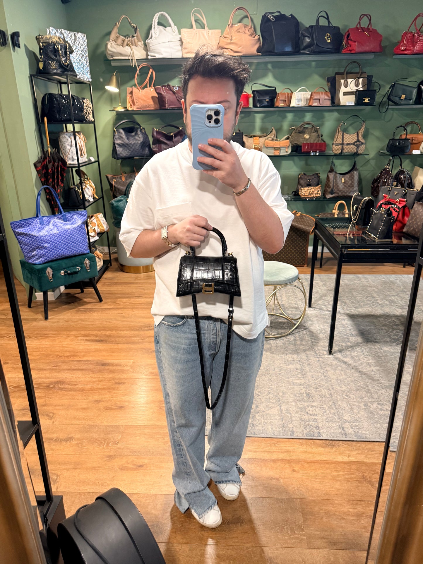 BALENCIAGA BLACK EMBOSSED CROCODILE HOURGLASS XS