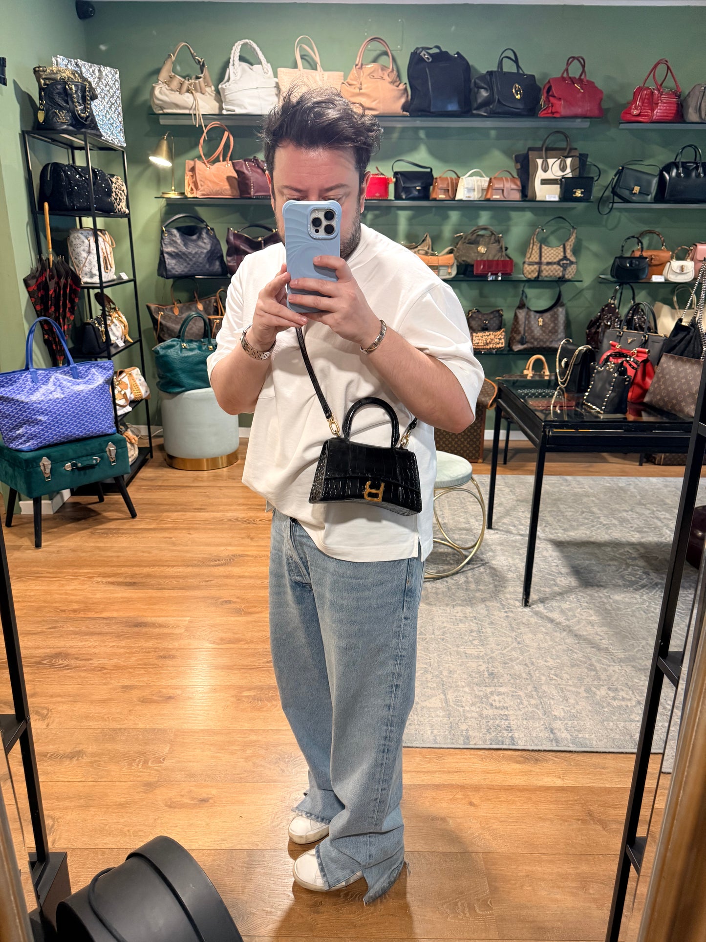 BALENCIAGA BLACK EMBOSSED CROCODILE HOURGLASS XS