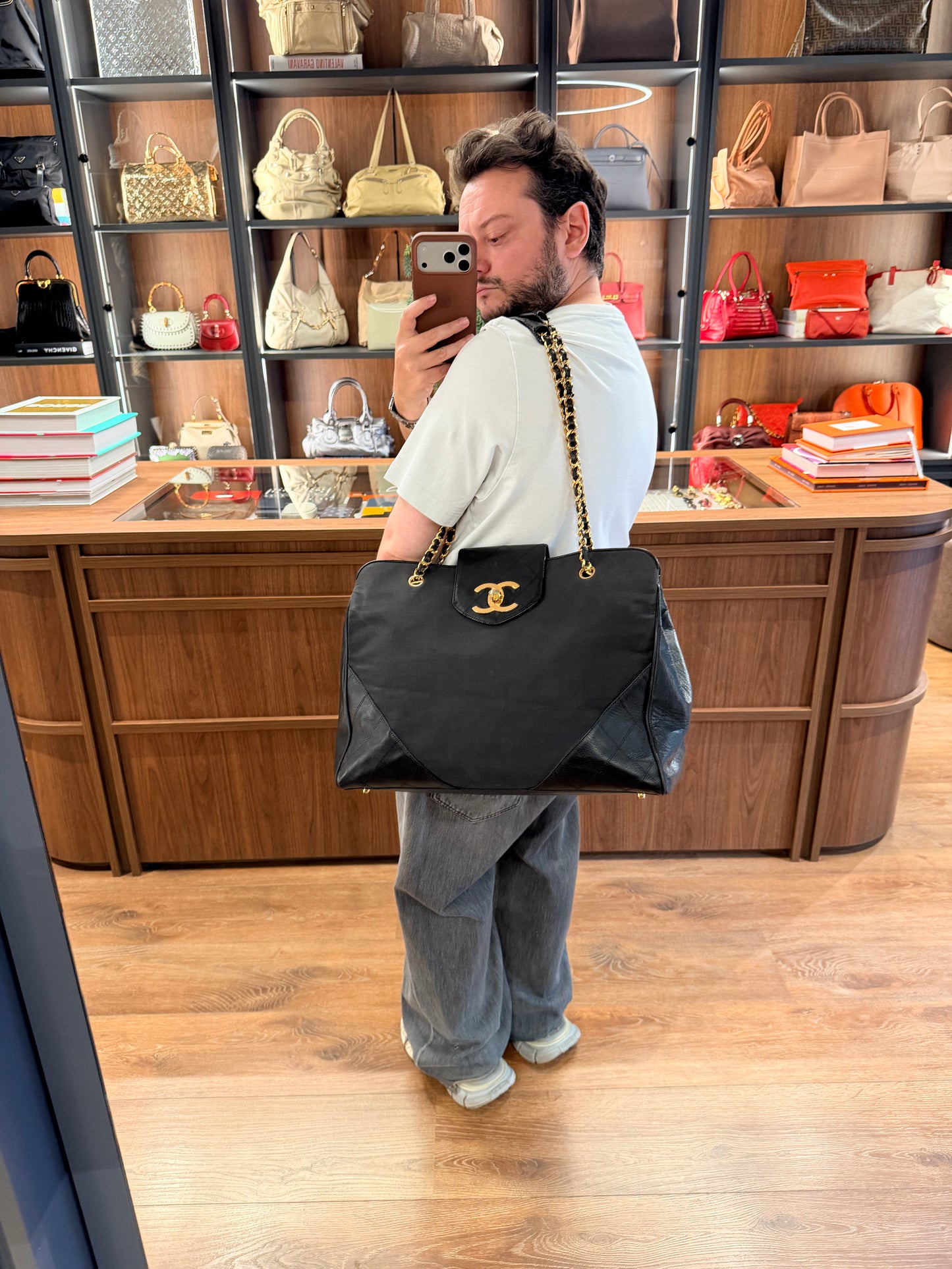 CHANEL BLACK CLOTH AND LEATHER SUPERMODEL SHOPPER TOTE