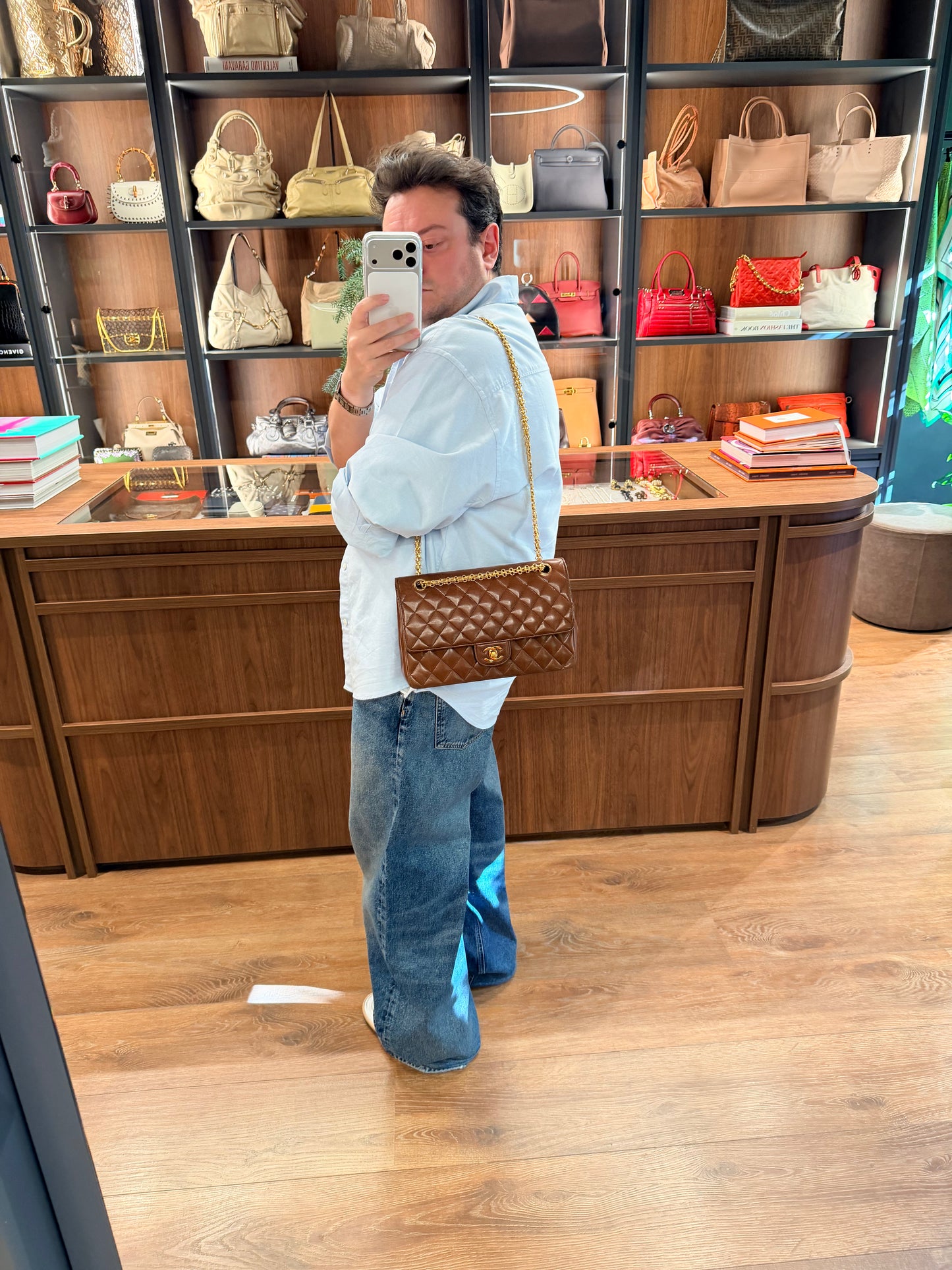 CHANEL BROWN LAMBSKIN MEDIUM CLASSIC DOUBLE FLAP SHOULDER BAG