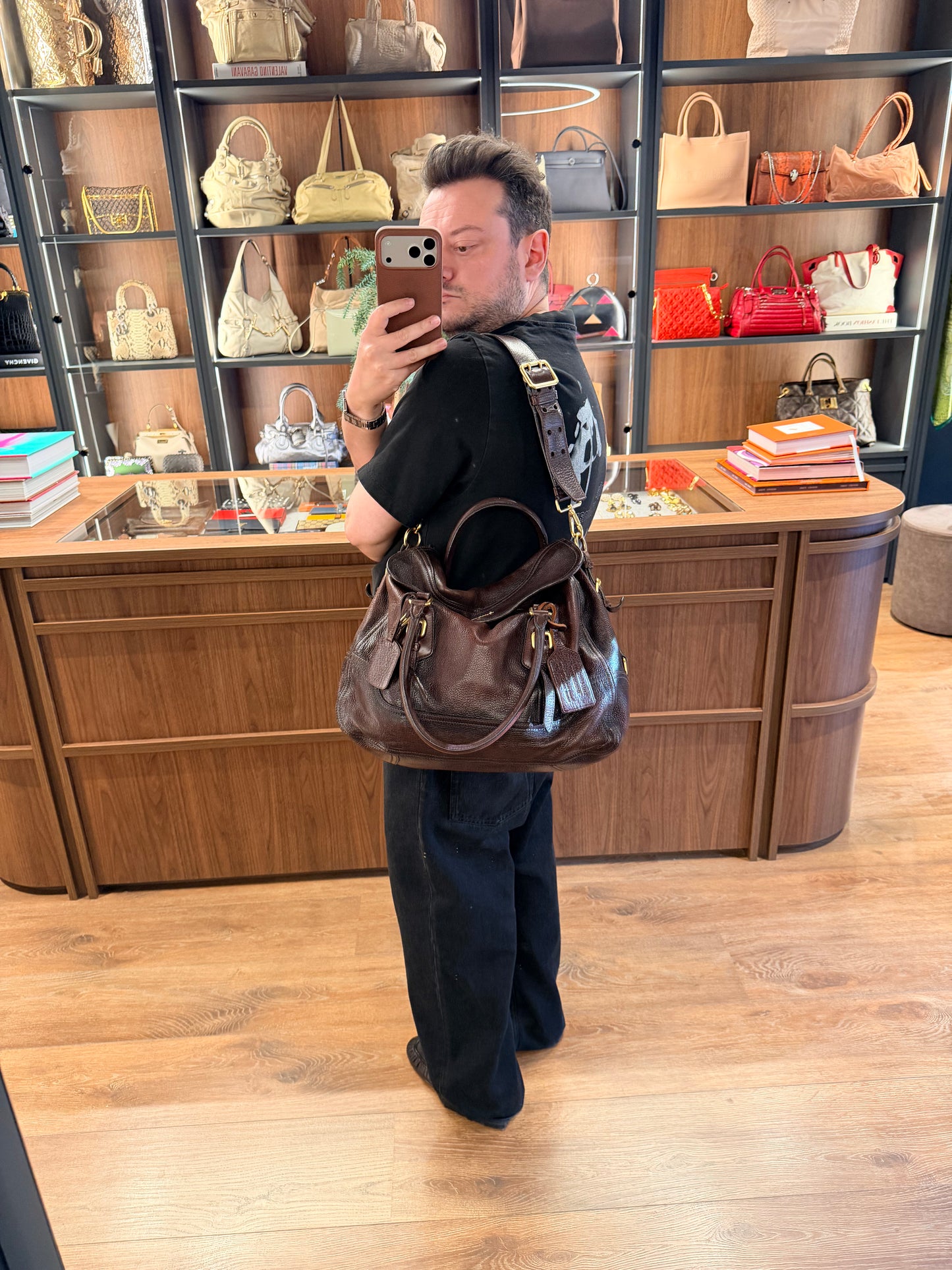 PRADA BROWN CERVO ANTIK TWO WAY HANDBAG