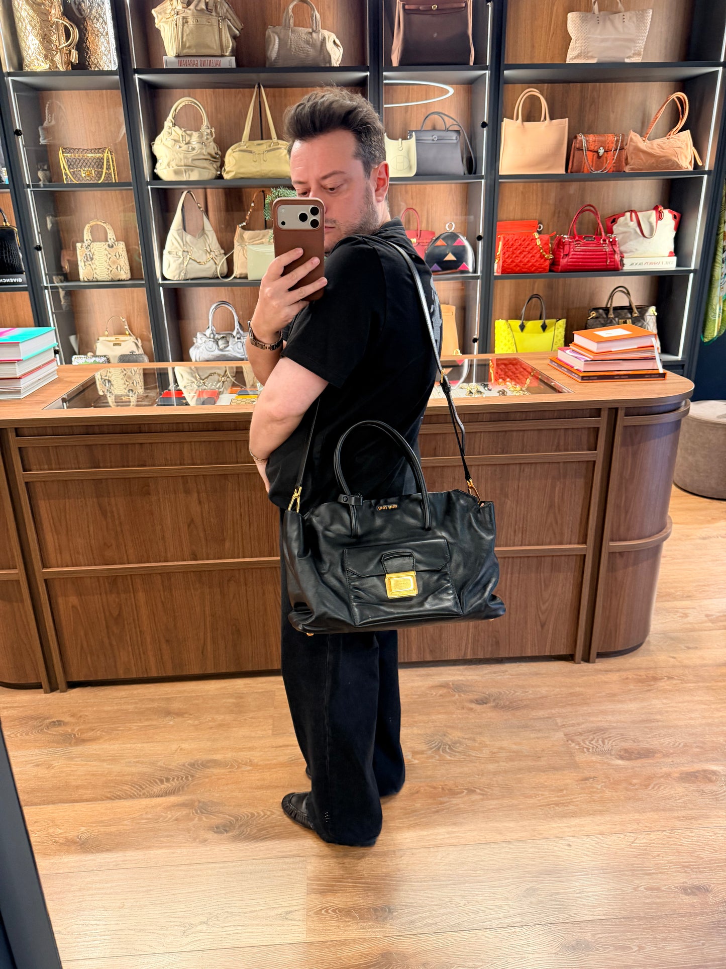 MIU MIU BLACK MADRAS TWO WAY HANDBAG