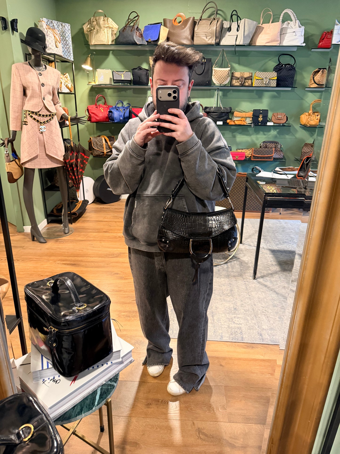 DOLCE & GABBANA BLACK EMBOSSED CROCODILE FLAP SHOULDER BAG