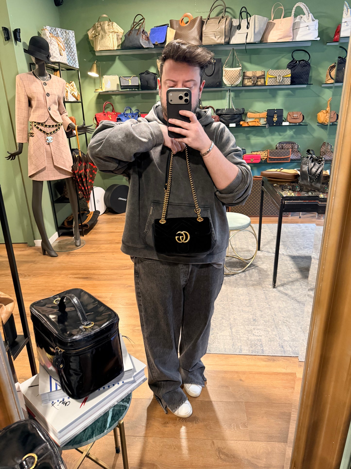 GUCCI BLACK VELVET SMALL MARMONT FLAP CROSSBODY BAG