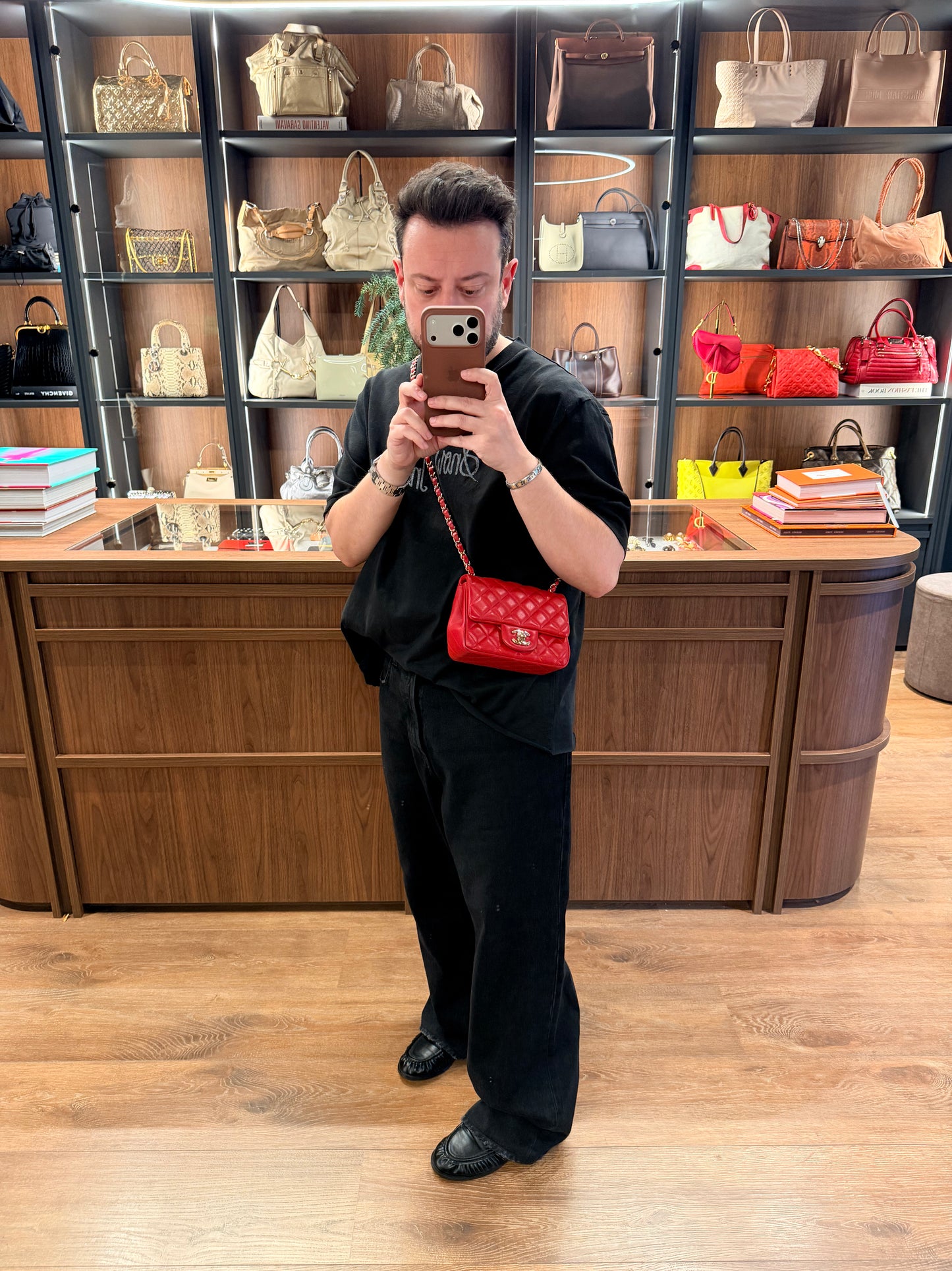 CHANEL RED LAMBSKIN MINI SQUARE CLASSIC SINGLE FLAP CROSSBODY BAG