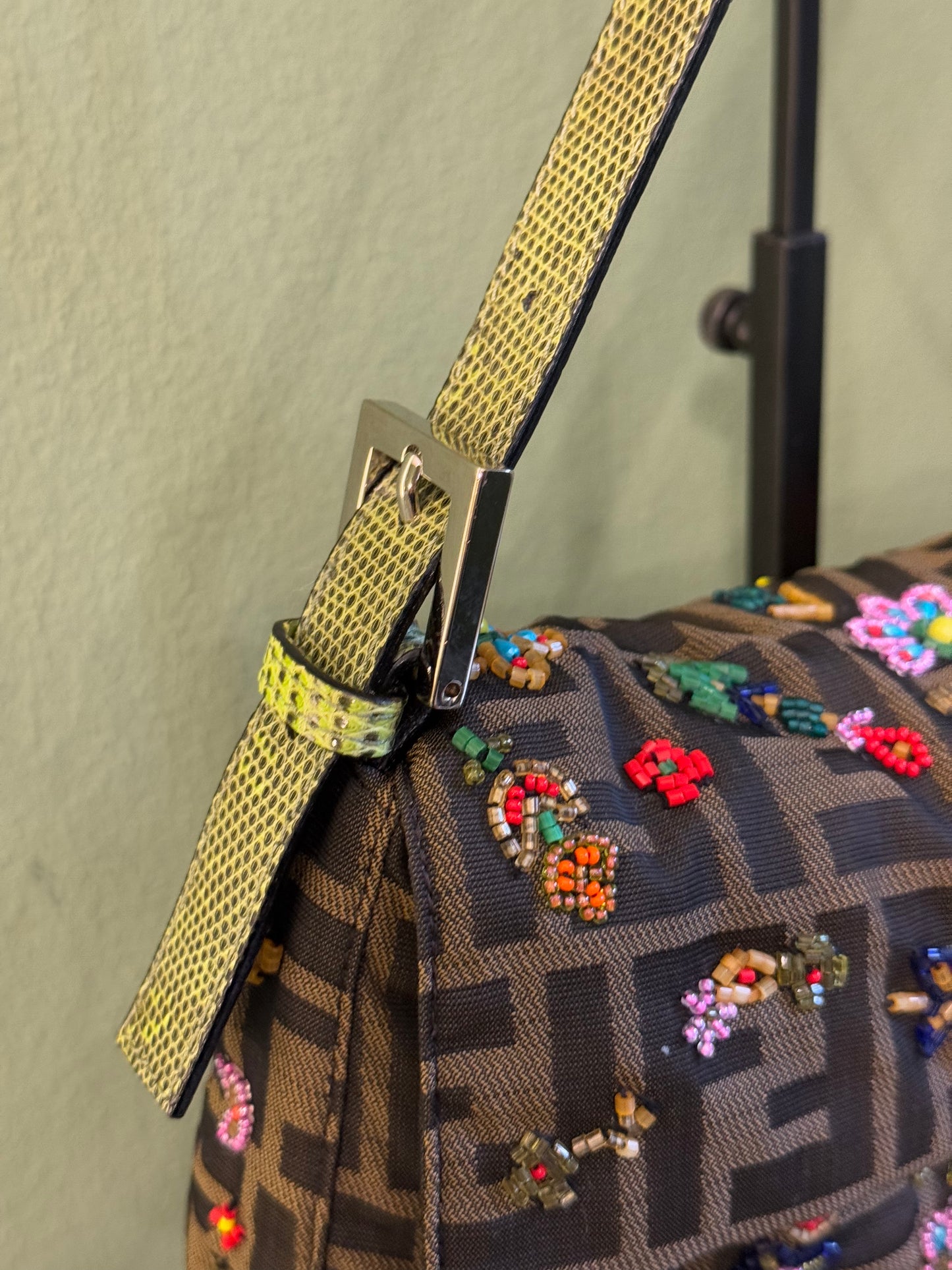FENDI ZUCCA BEADED BAGUETTE SHOULDER BAG