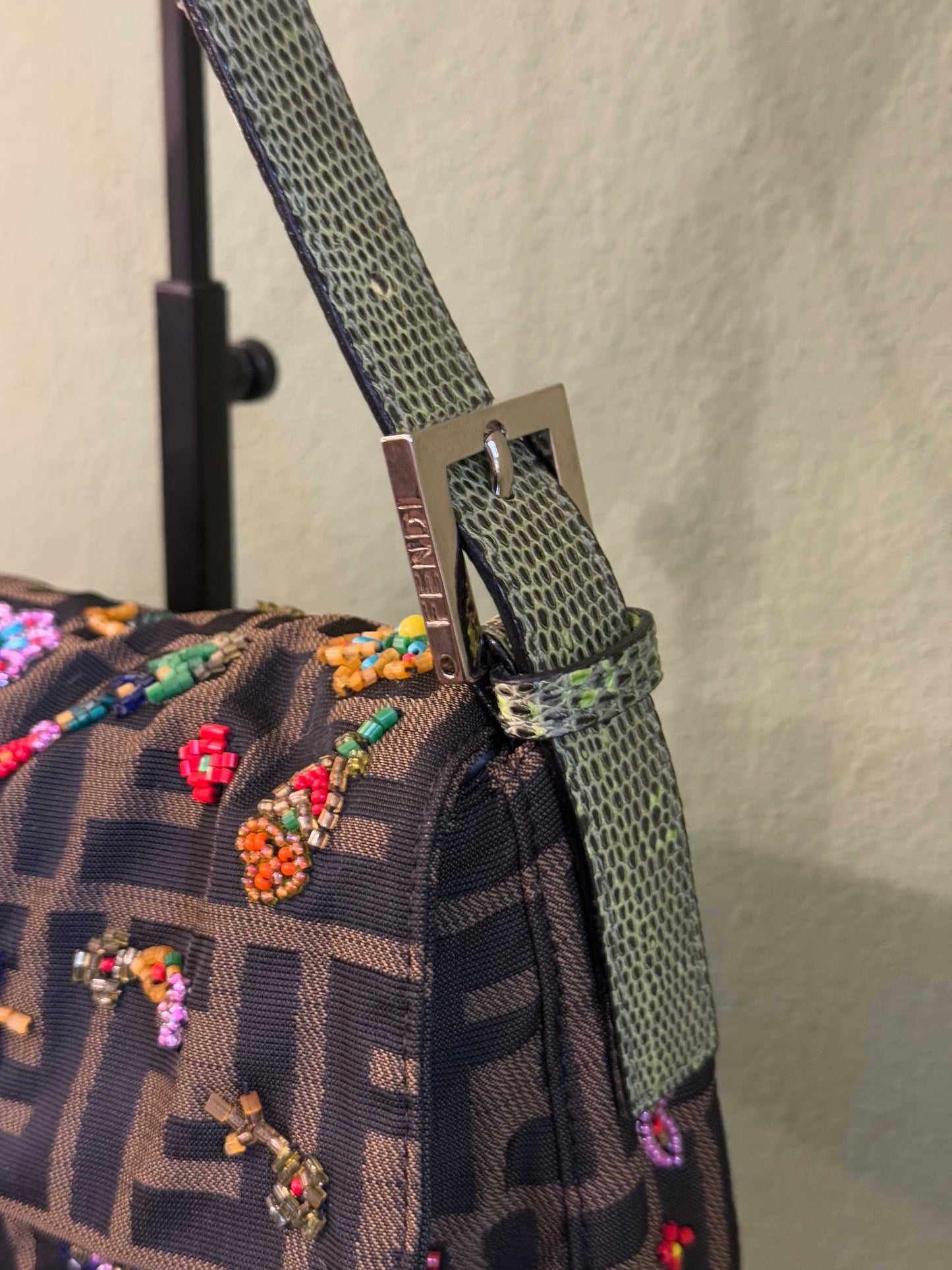 FENDI ZUCCA BEADED BAGUETTE SHOULDER BAG
