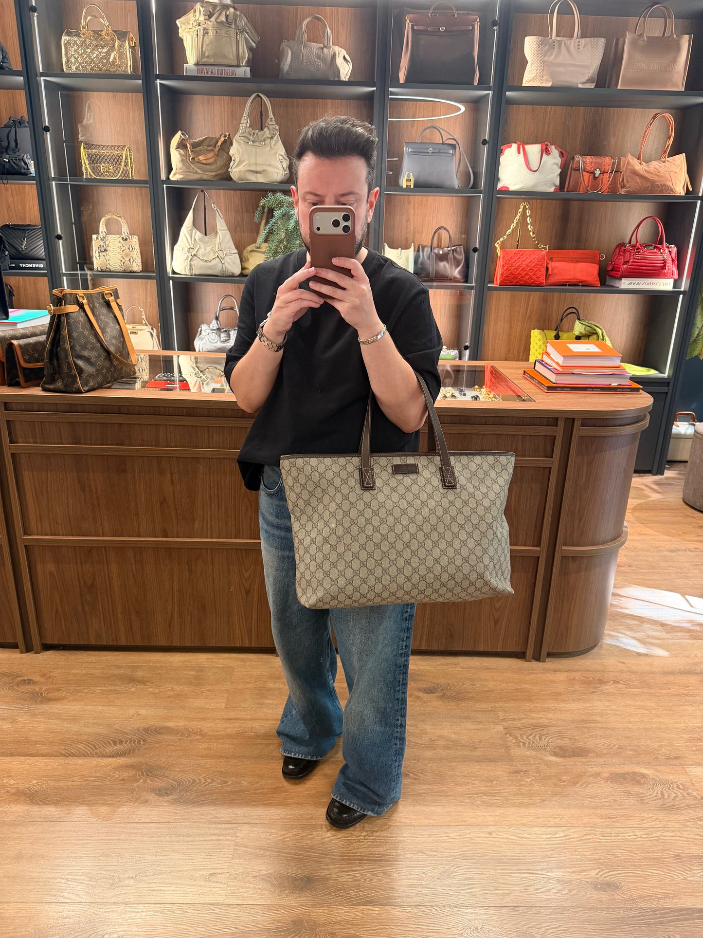 GUCCI BROWN GG SUPREME LARGE SHOPPING TOTE