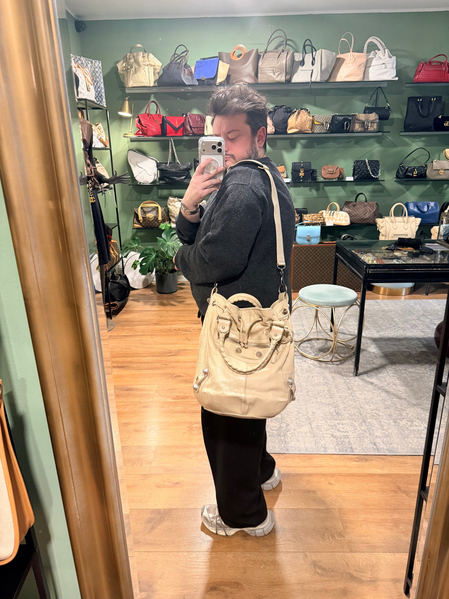 BALENCIAGA BEIGE LARGE POMPON BUCKET BAG