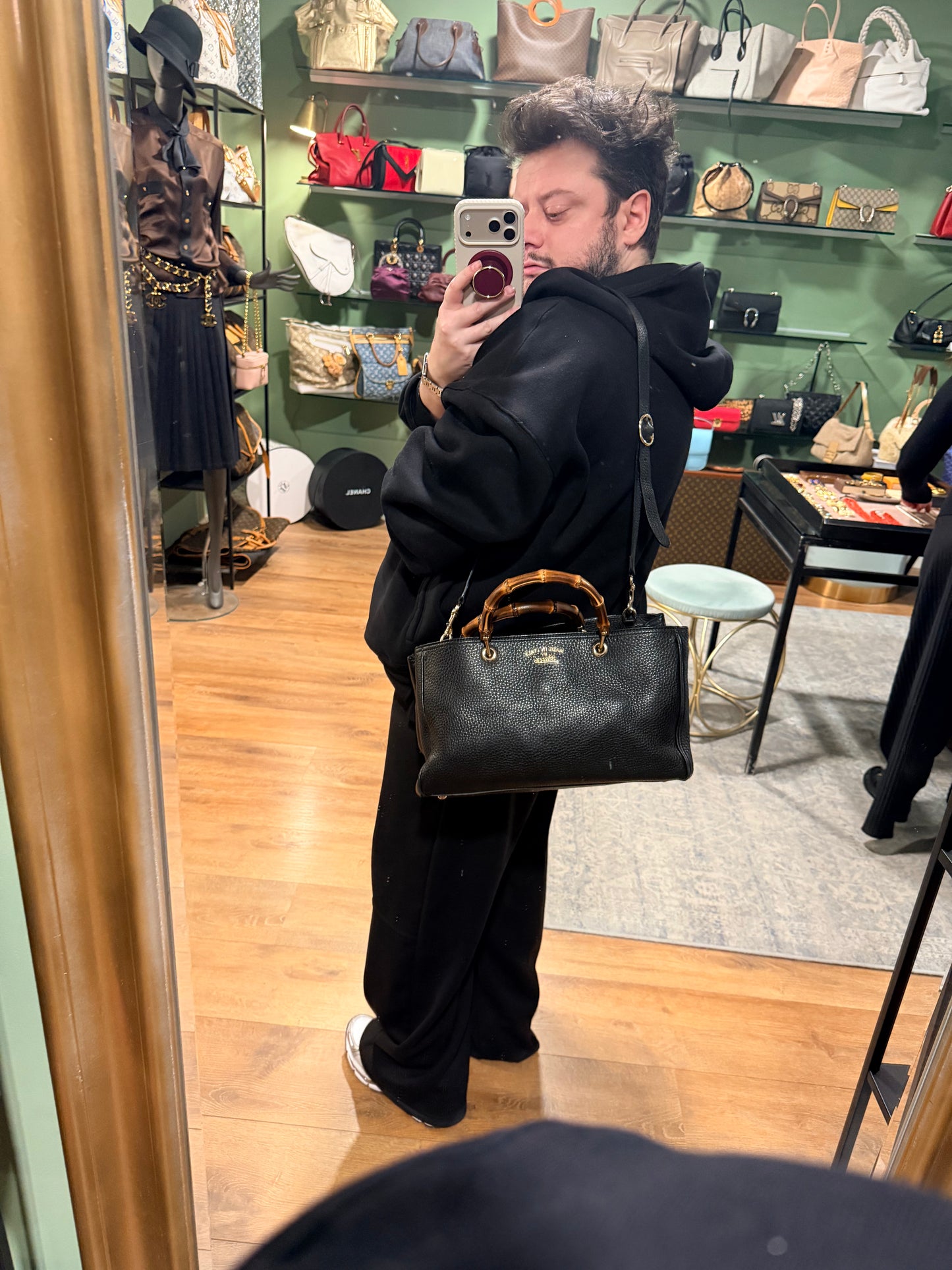 GUCCI BLACK BAMBOO SHOPPING TOTE W/ STRAP