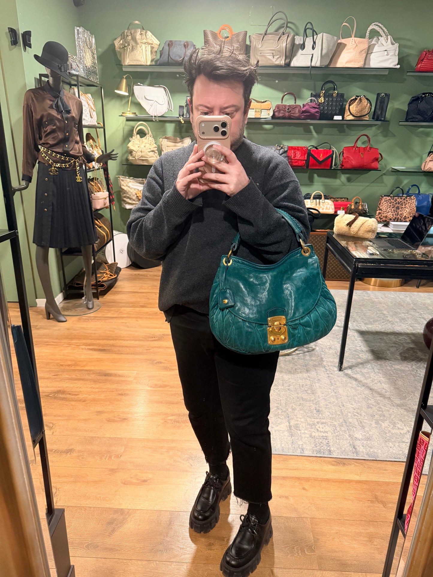 MIU MIU GREEN LARGE COFFER HOBO BAG