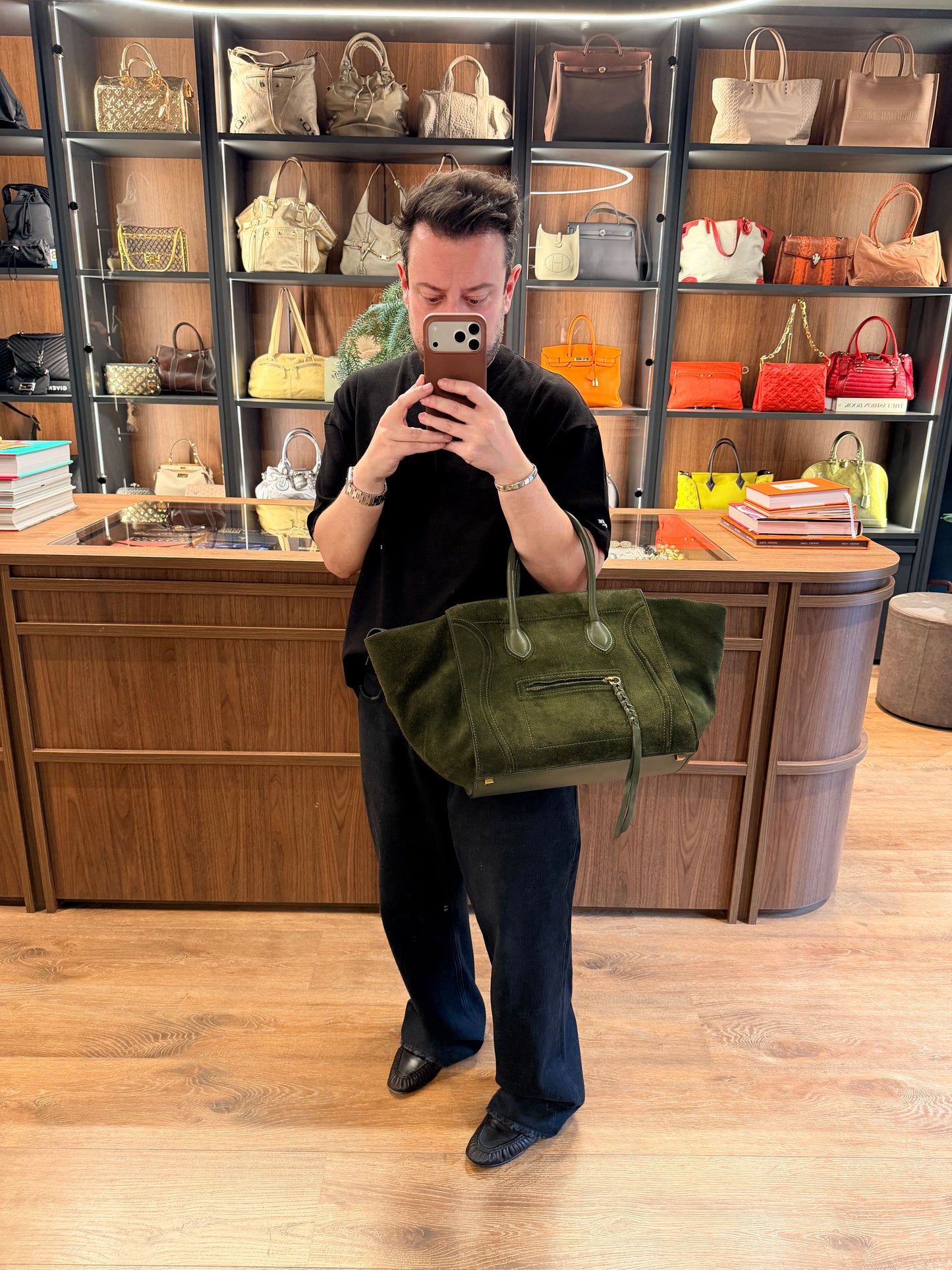 CÈLINE GREEN SUEDE PHANTOM LUGGAGE HANDBAG